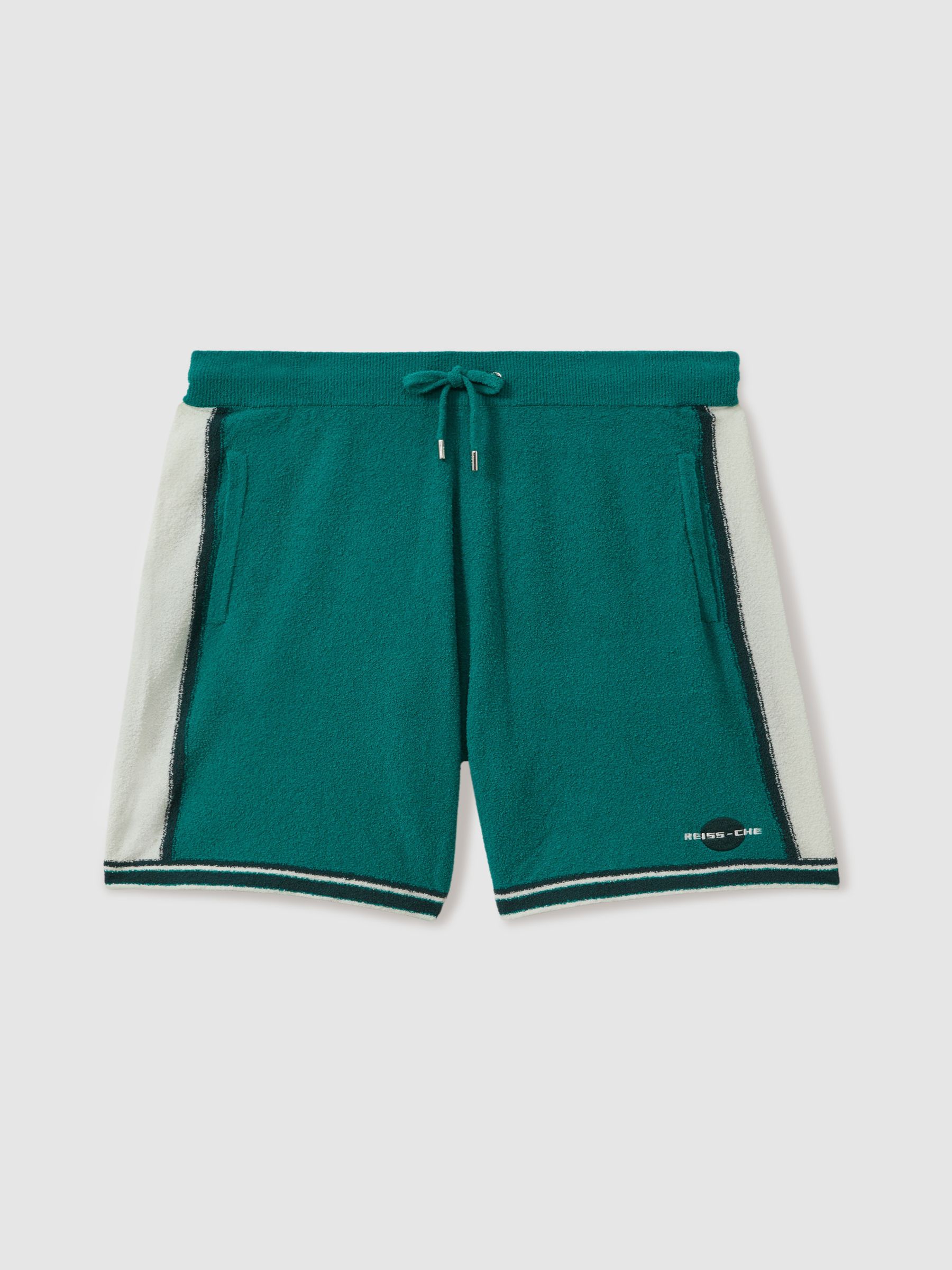 Reiss | Ché Towelling Drawstring Shorts in Green/White - Image 2 of 5