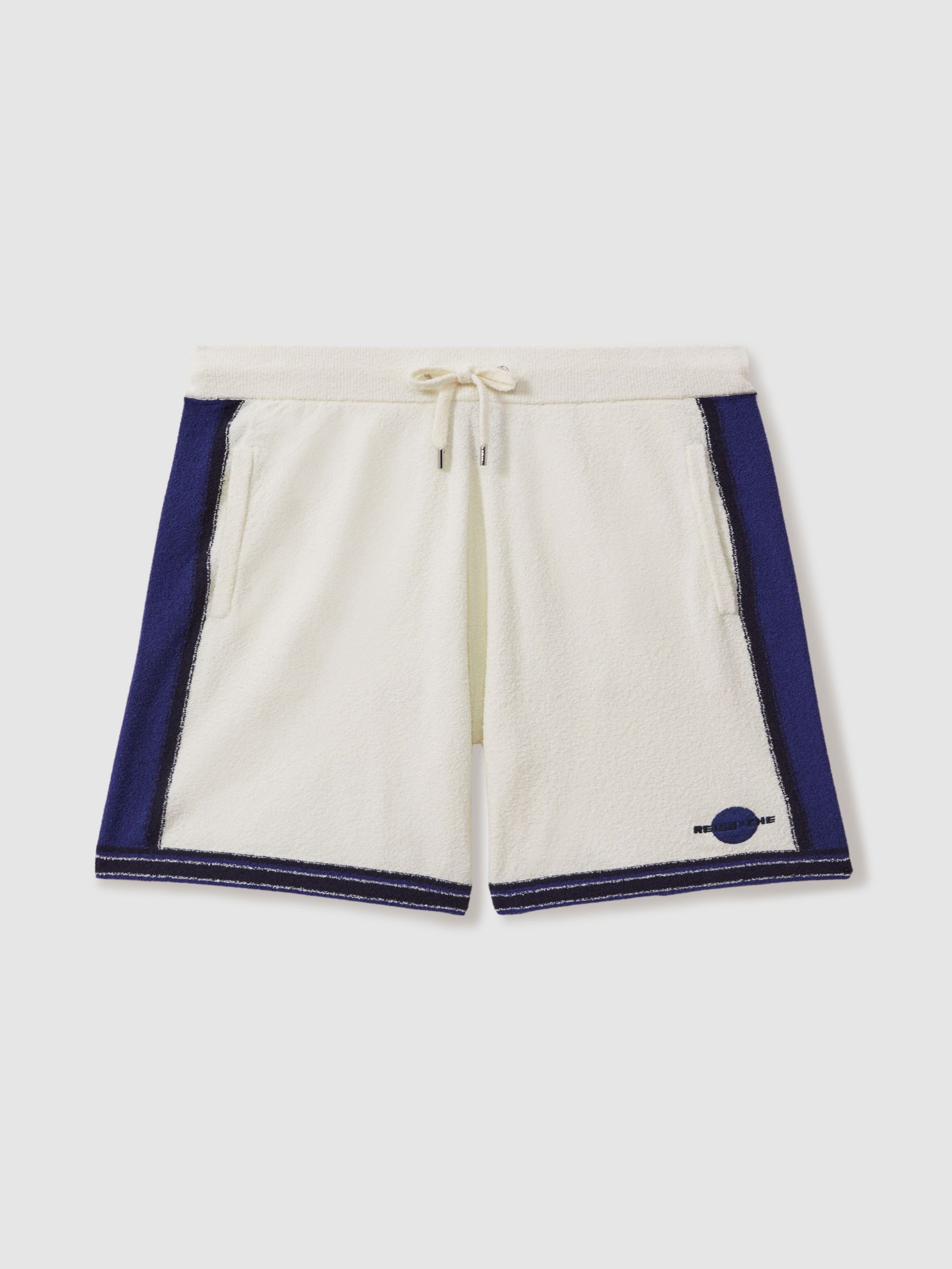Reiss | Ché Towelling Drawstring Shorts in White/Bright Blue - Image 2 of 6
