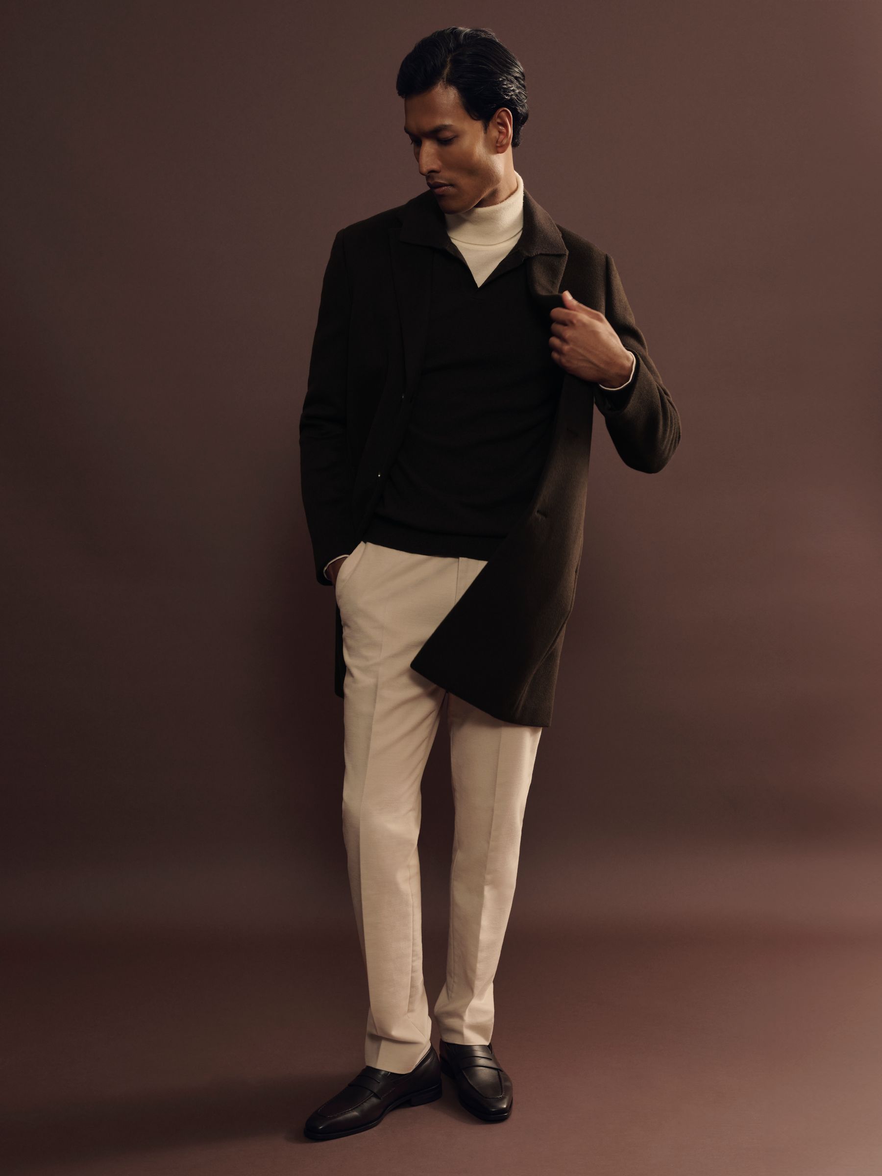 Wool Blend Single Breasted Epsom Overcoat in Chocolate Brown - Image 3 of 7