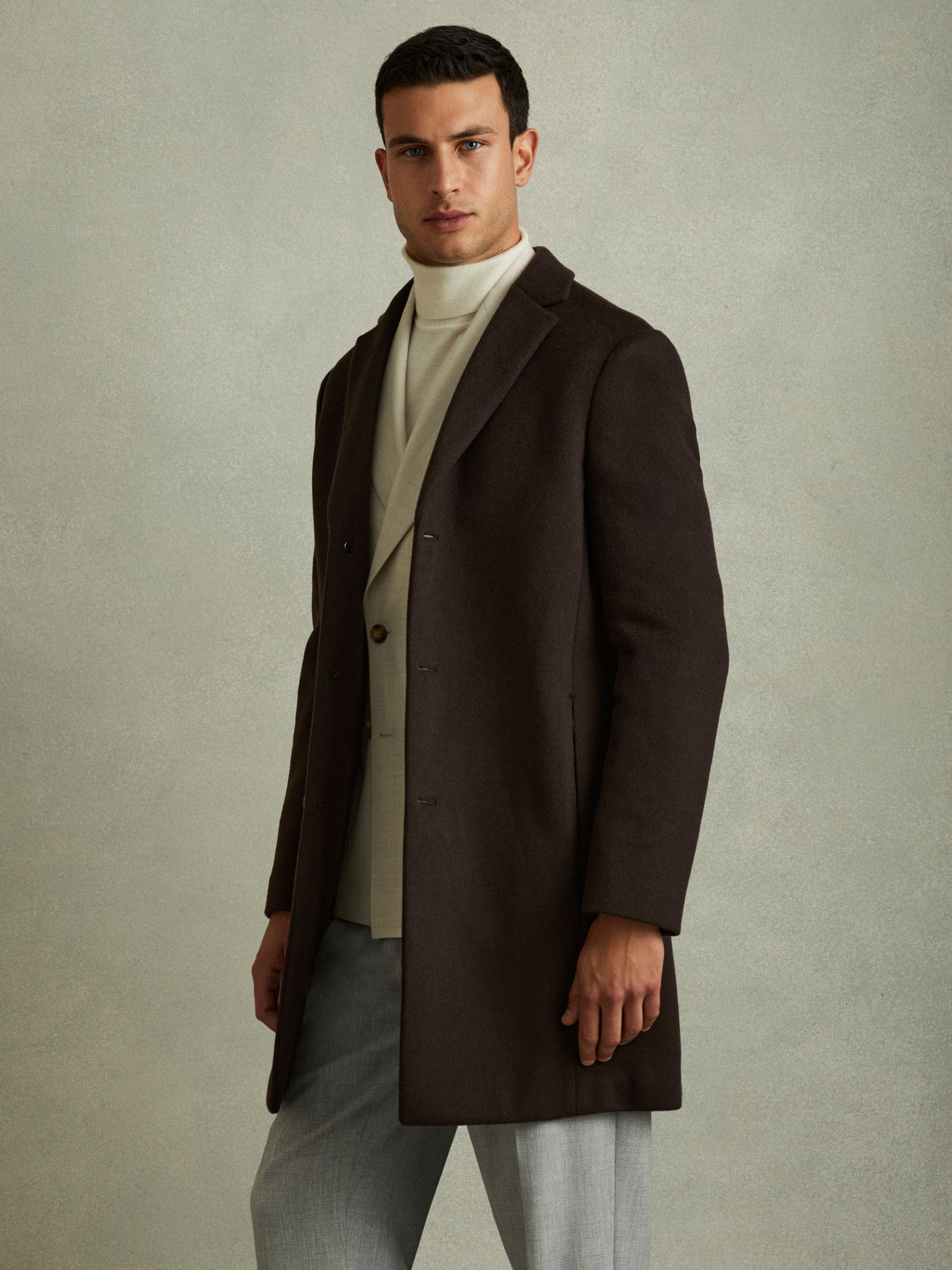 Wool Blend Single Breasted Epsom Overcoat in Chocolate Brown - Image 4 of 7