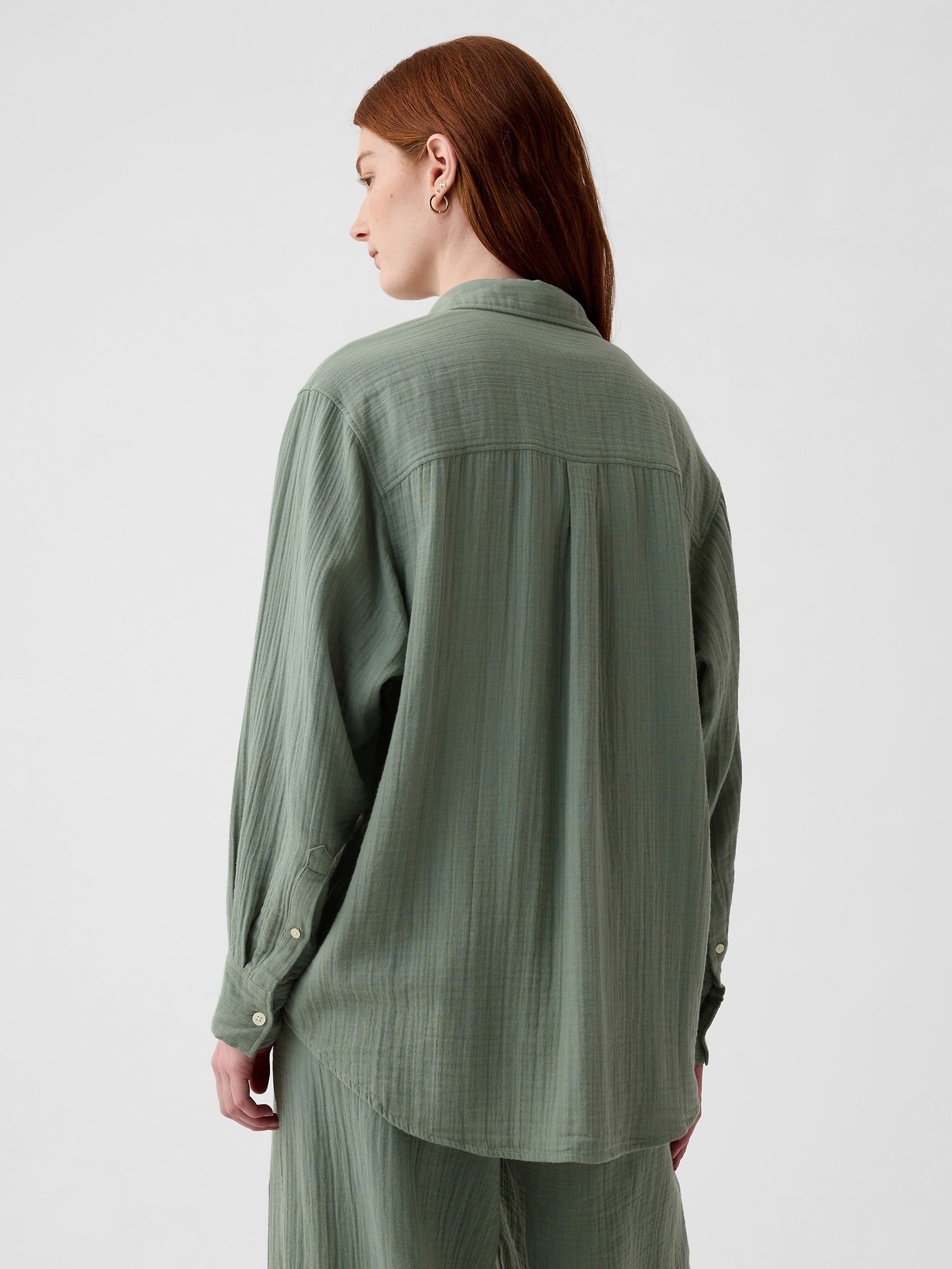 Green Crinkle Cotton Gauze Oversized Shirt - Image 2 of 4