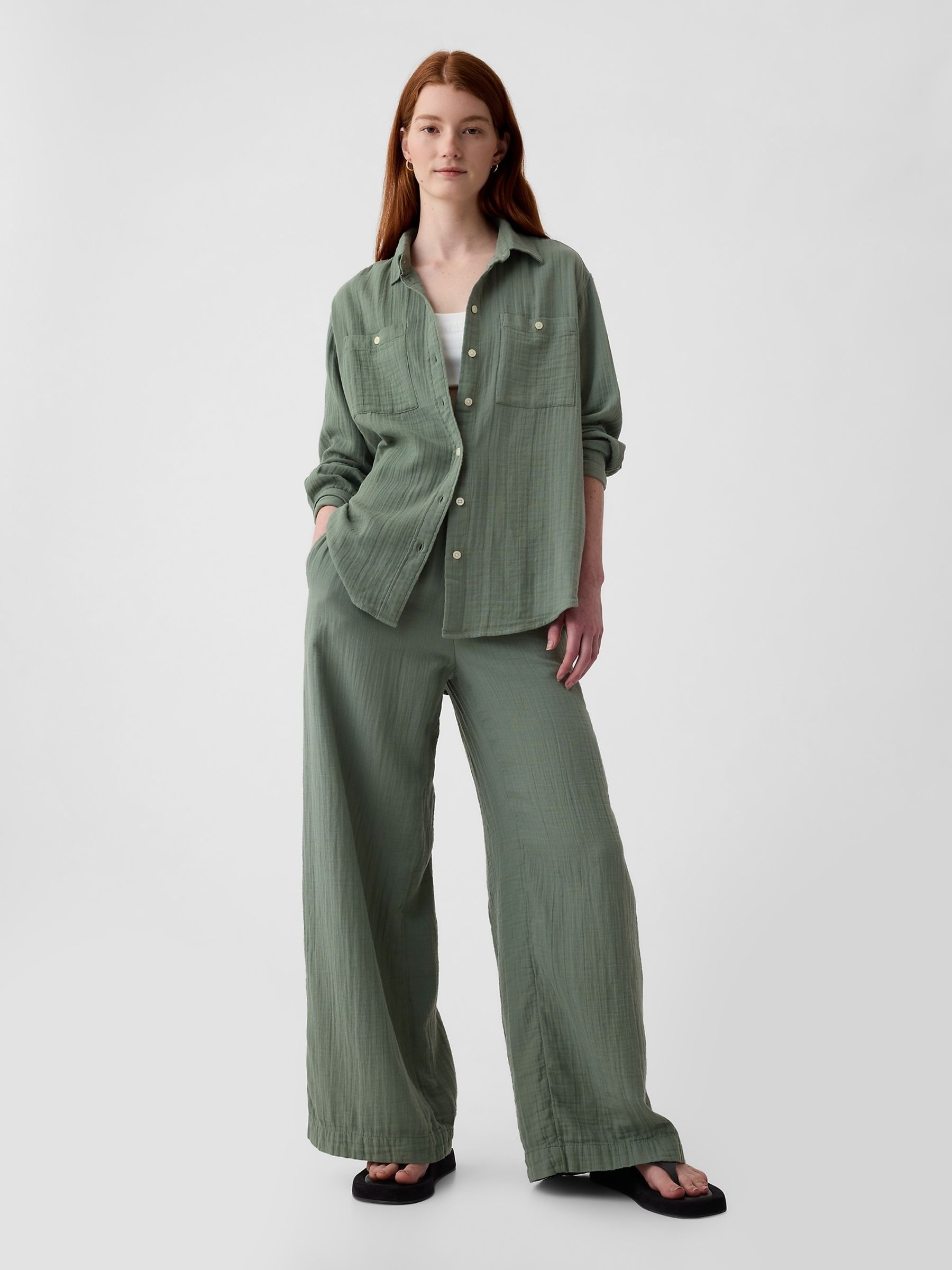 Green Crinkle Cotton Gauze Oversized Shirt - Image 3 of 4