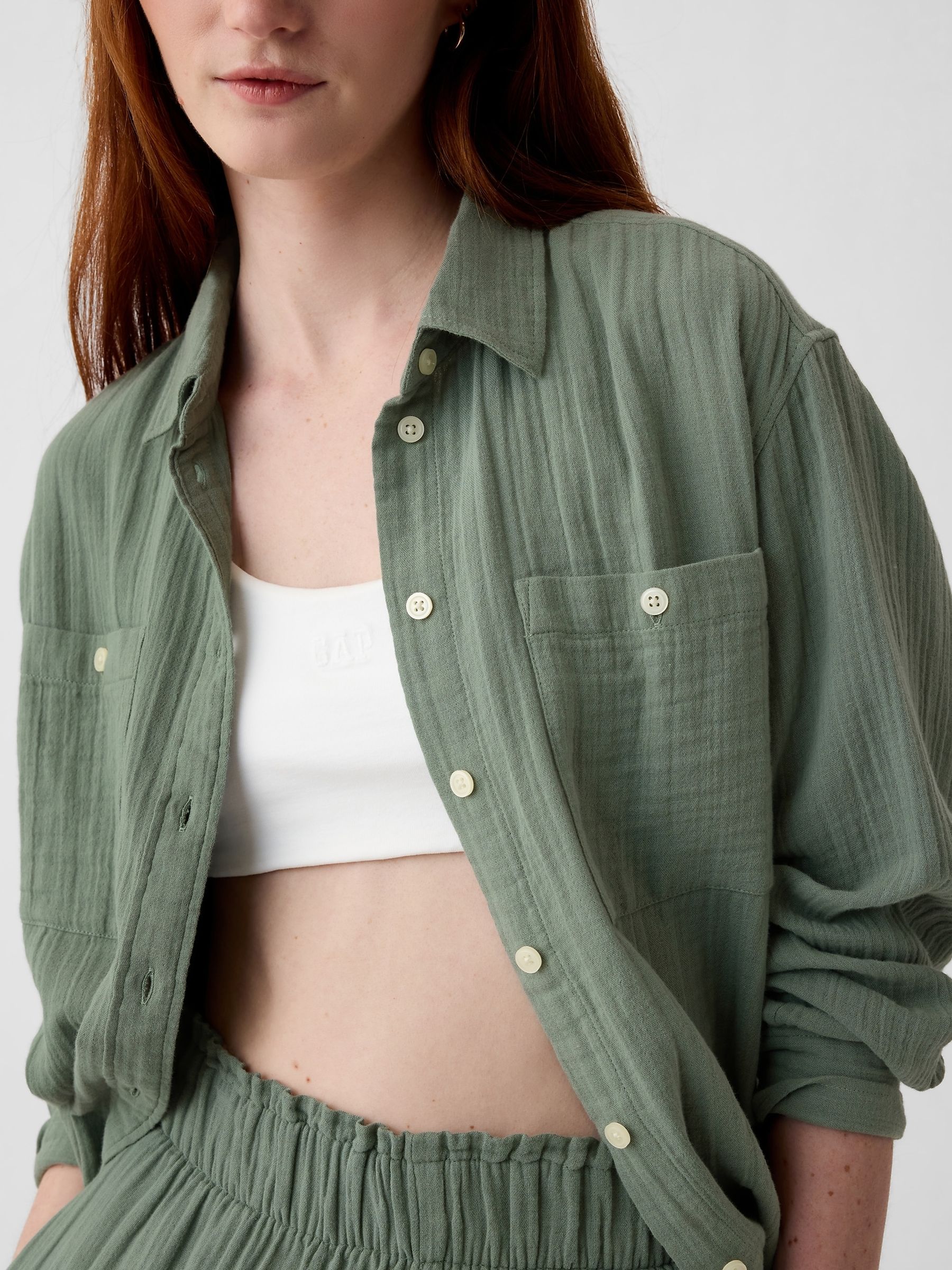 Green Crinkle Cotton Gauze Oversized Shirt - Image 4 of 4