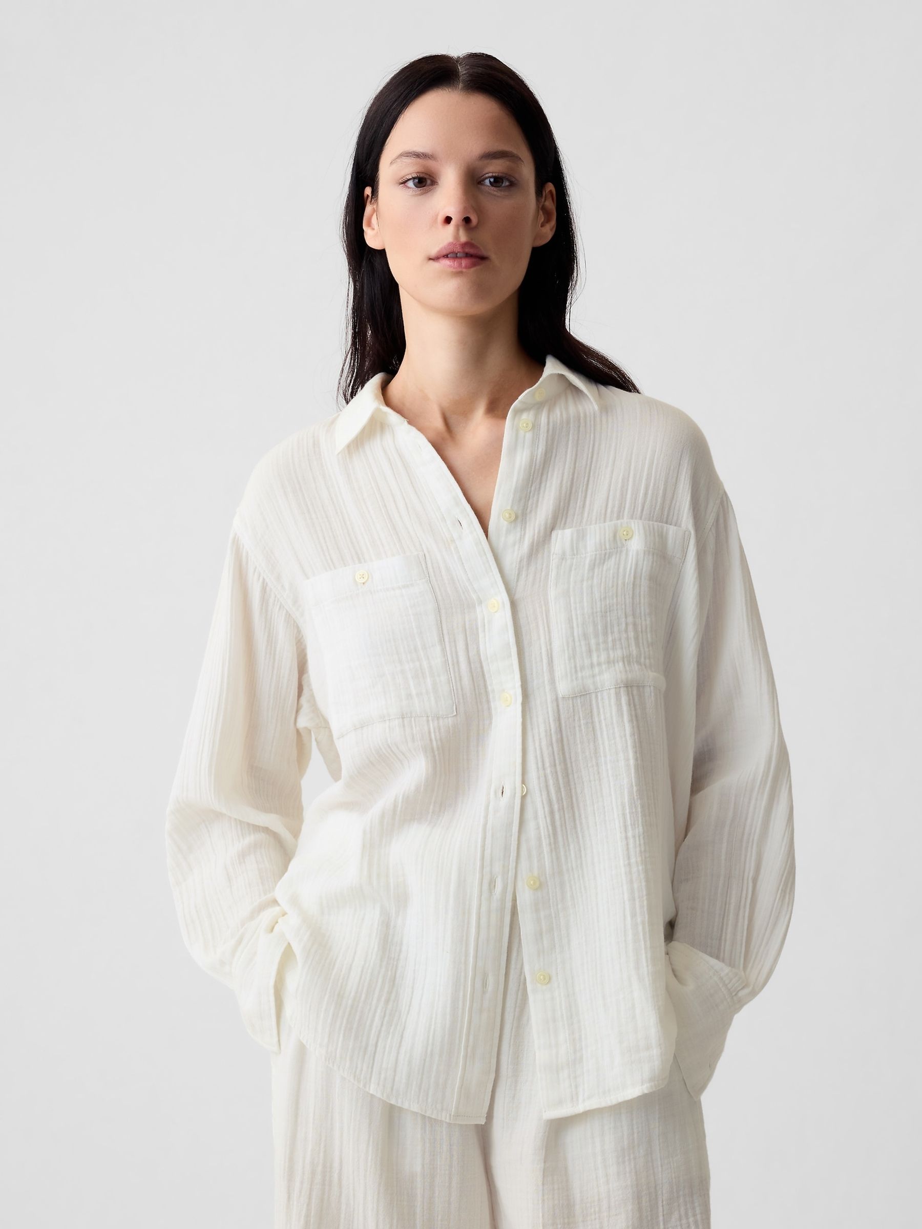 White Crinkle Cotton Gauze Oversized Shirt - Image 1 of 5