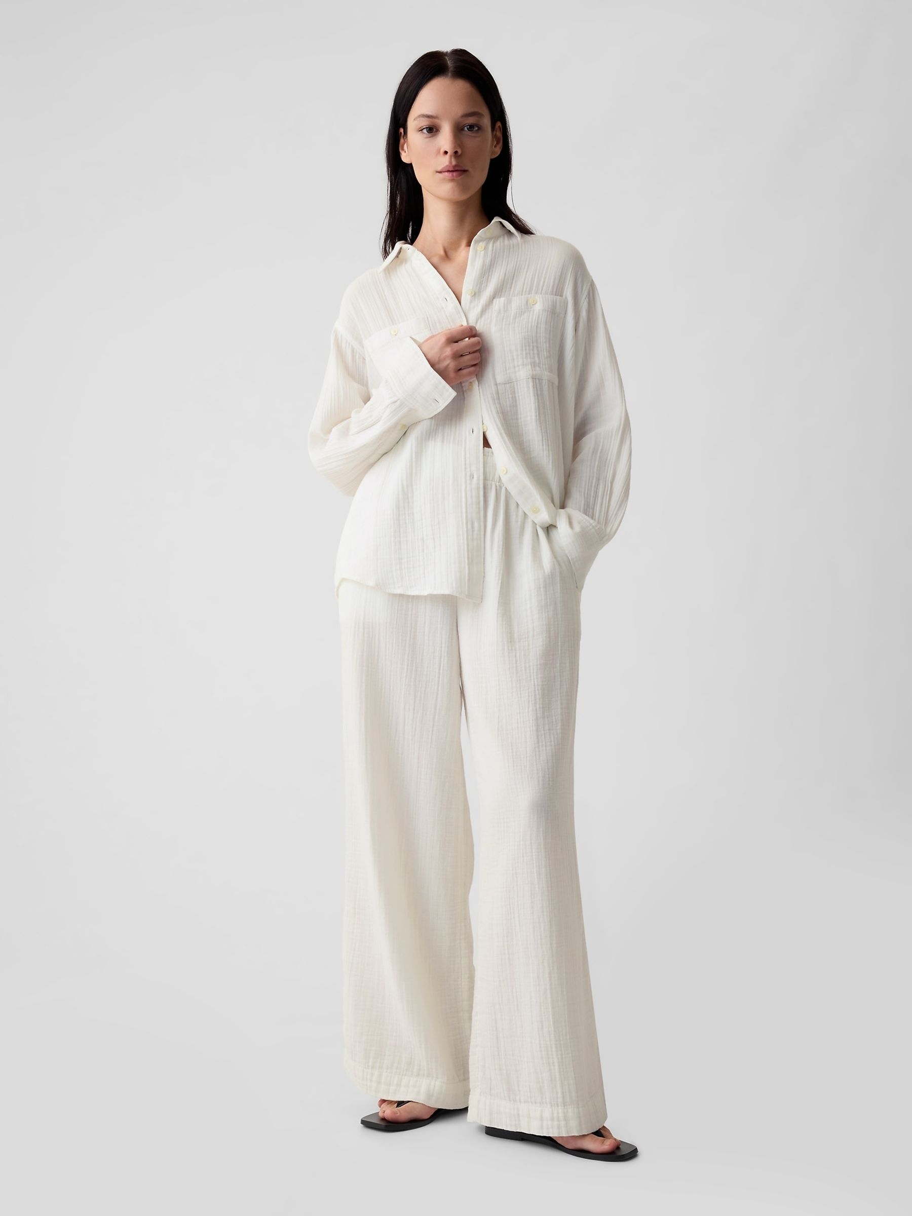 White Crinkle Cotton Gauze Oversized Shirt - Image 3 of 5