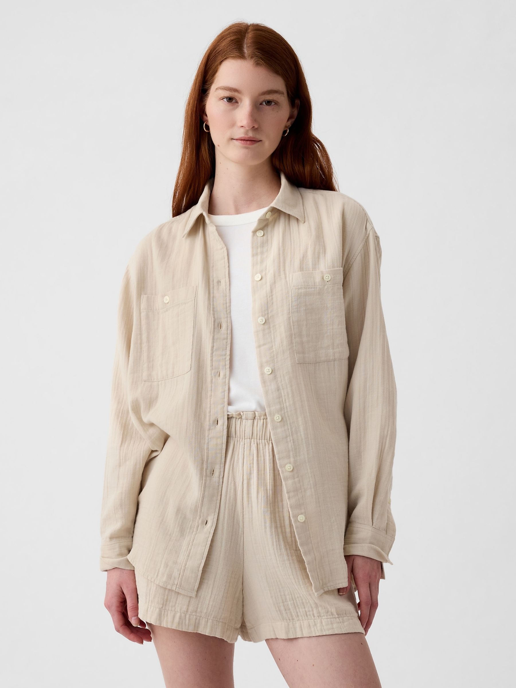 Neutral Crinkle Cotton Gauze Oversized Shirt - Image 2 of 6