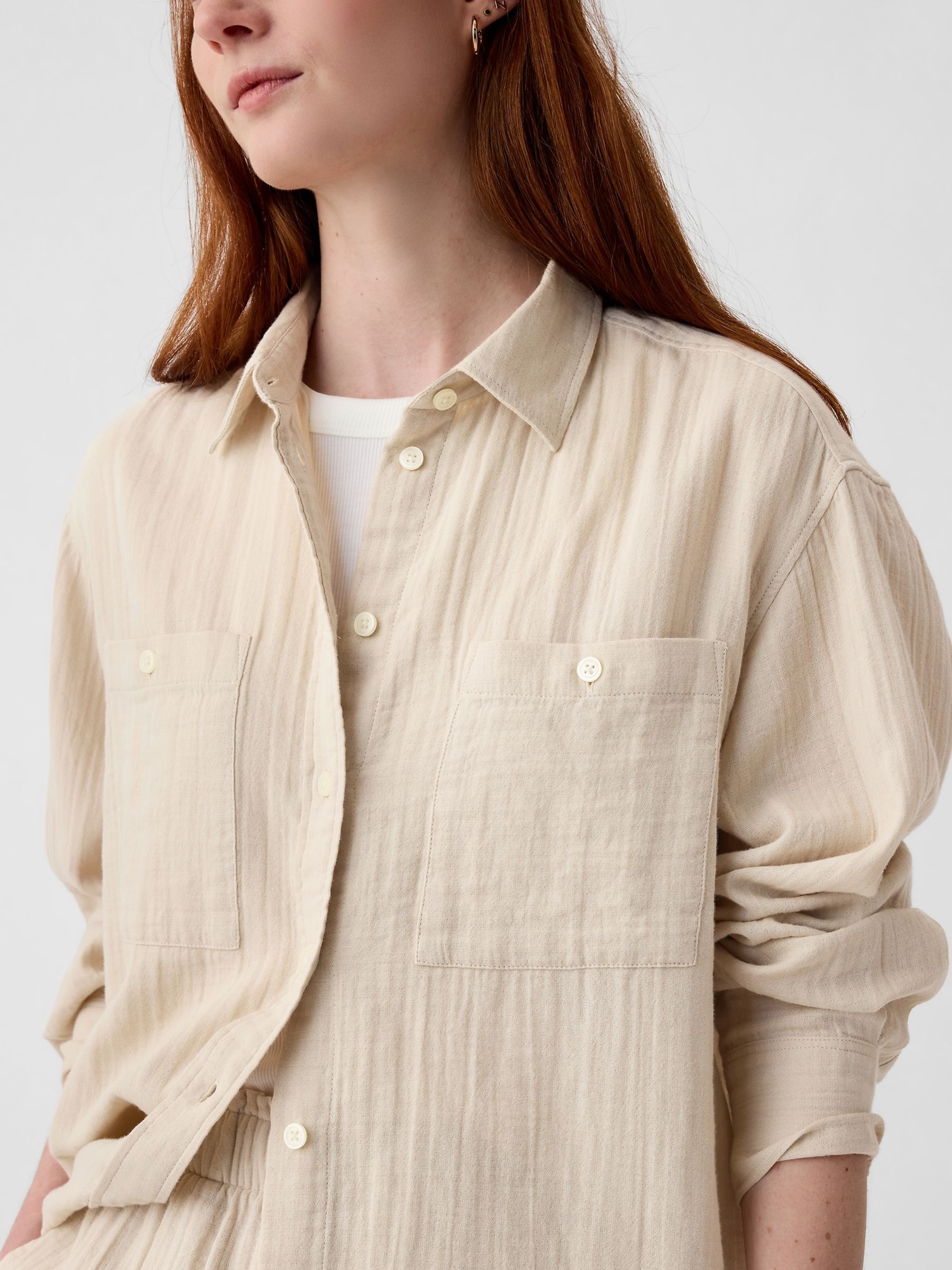 Neutral Crinkle Cotton Gauze Oversized Shirt - Image 3 of 6
