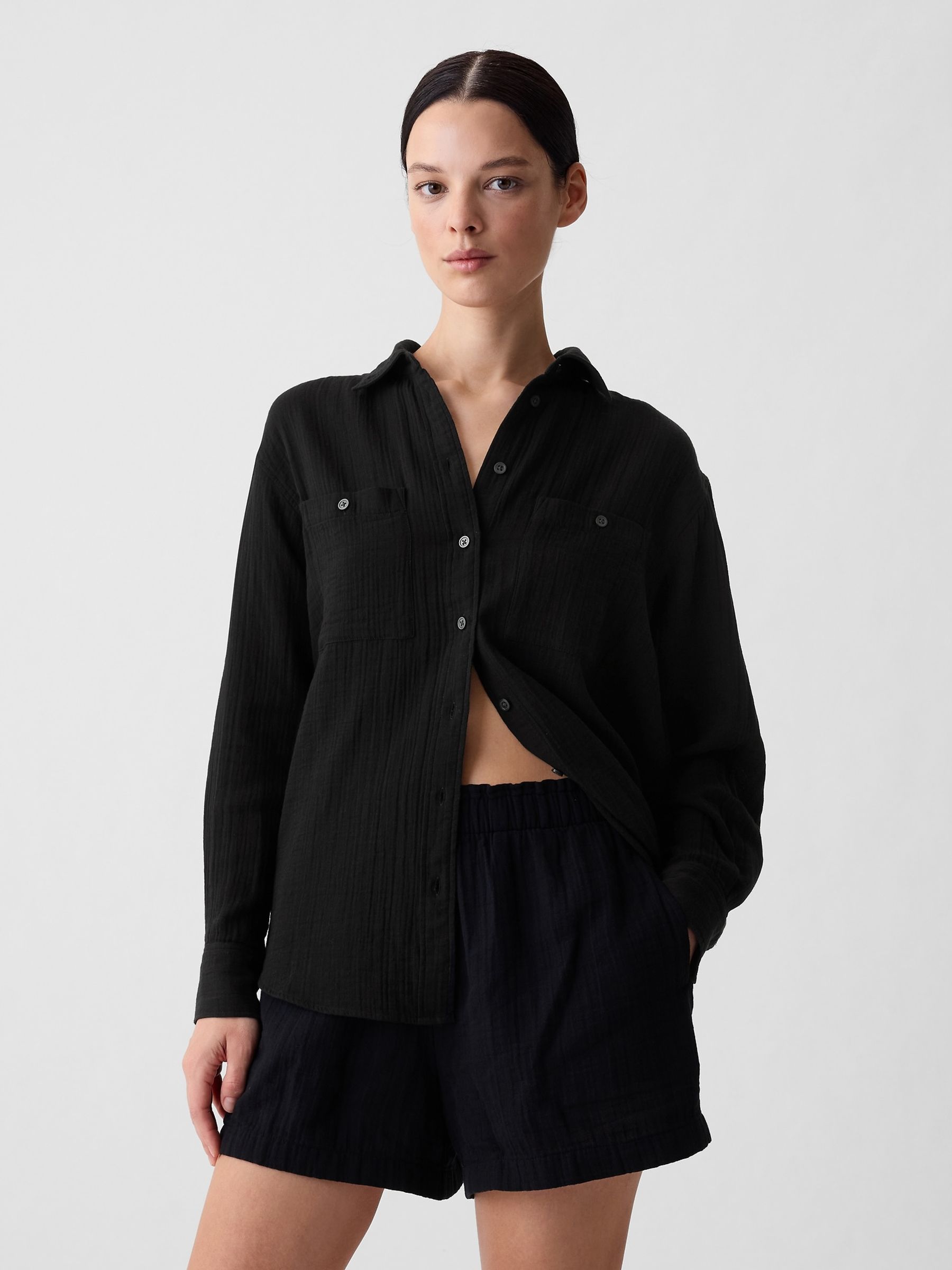 Black Crinkle Cotton Gauze Oversized Shirt - Image 1 of 5