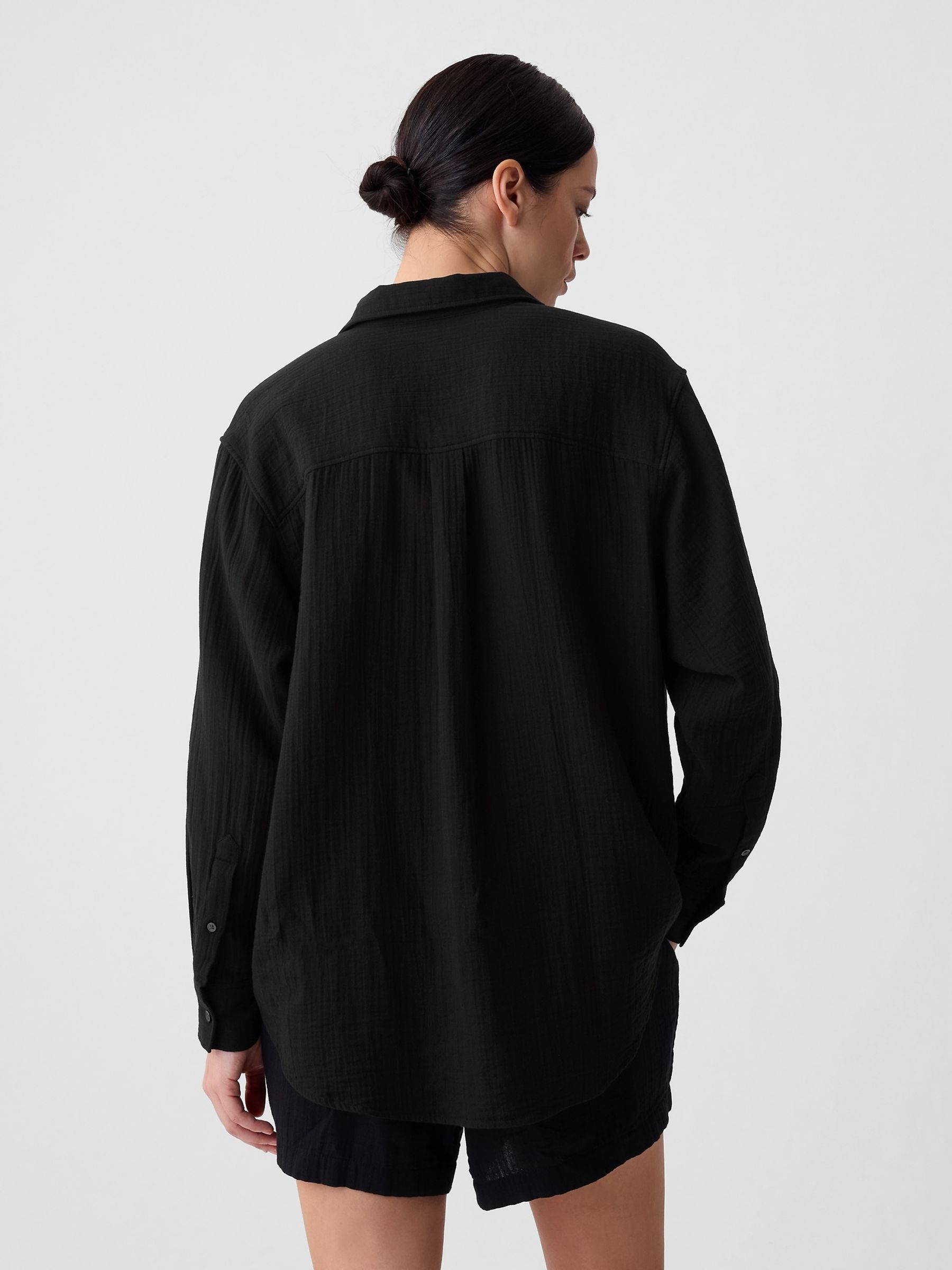 Black Crinkle Cotton Gauze Oversized Shirt - Image 2 of 5