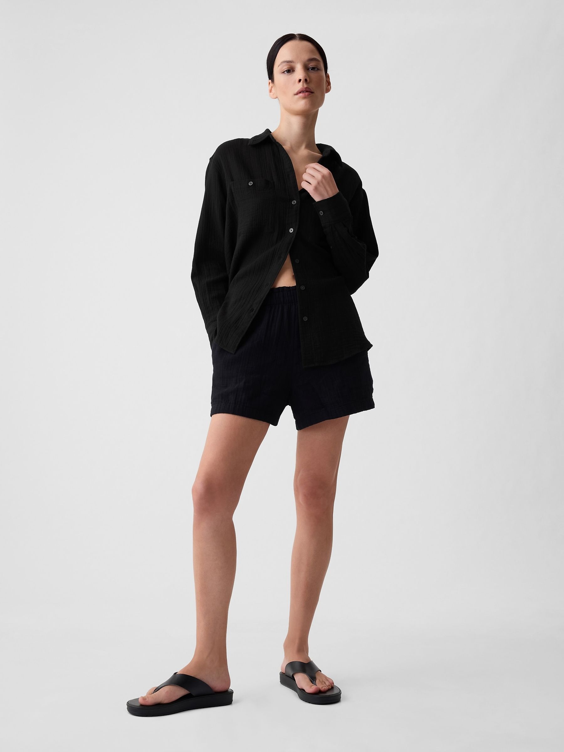 Black Crinkle Cotton Gauze Oversized Shirt - Image 3 of 5