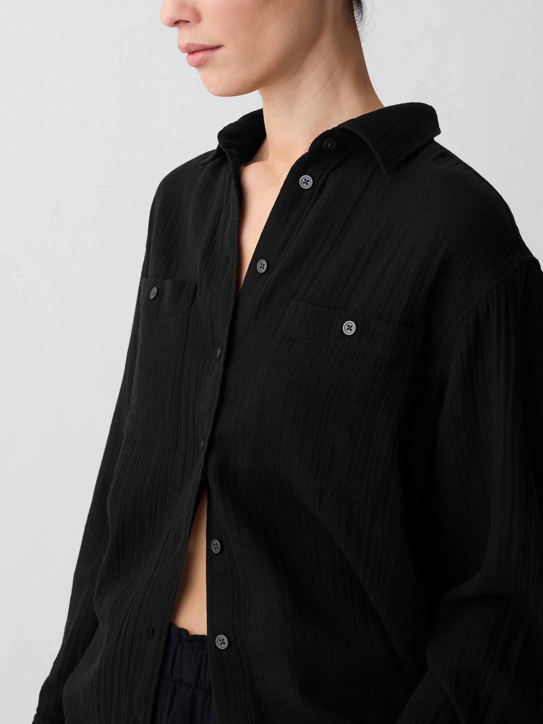 Black Crinkle Cotton Gauze Oversized Shirt - Image 4 of 5