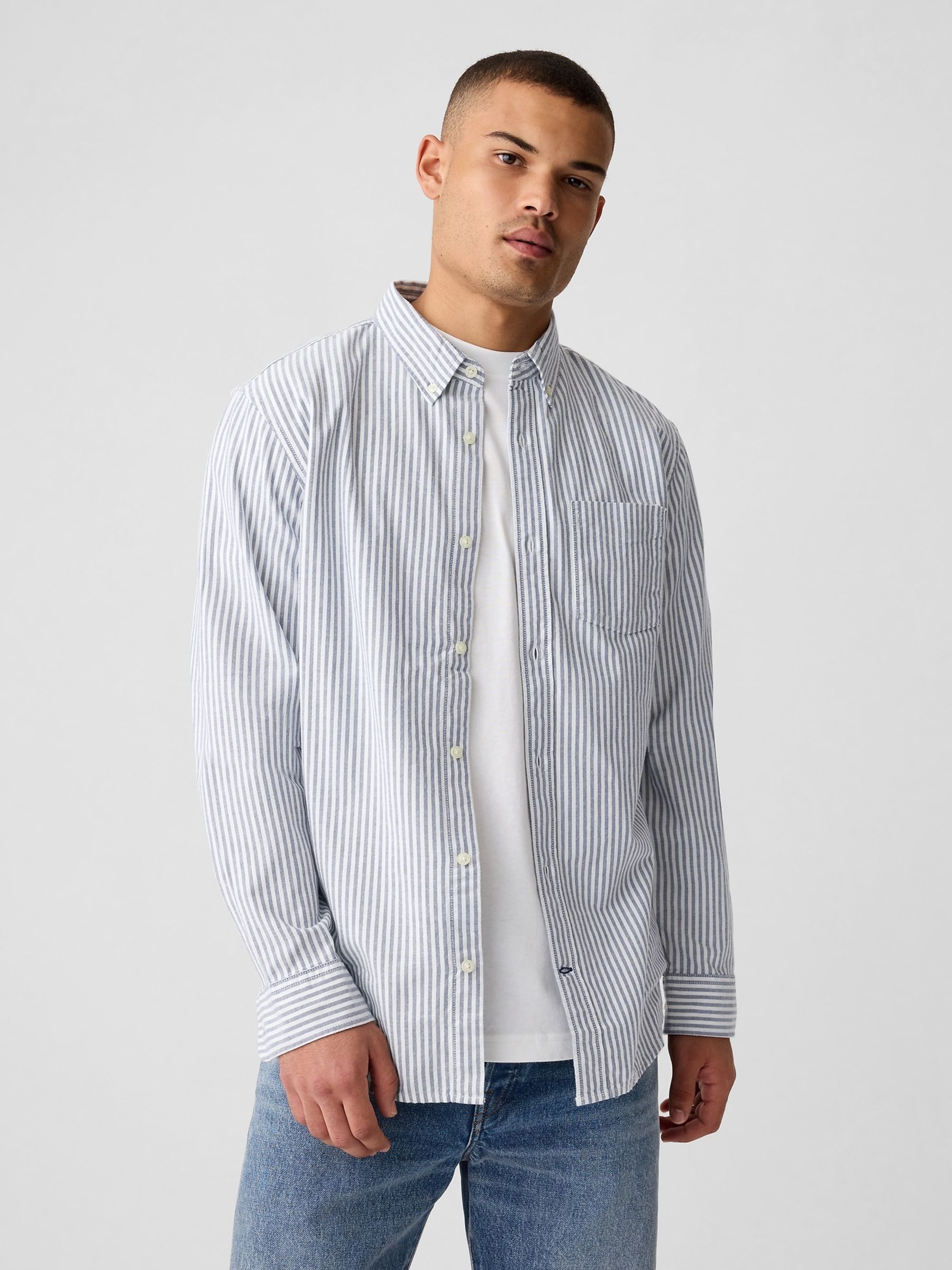 Blue Stripe Cotton Long Sleeve Standard Fit Oxford Shirt - Image 1 of 4