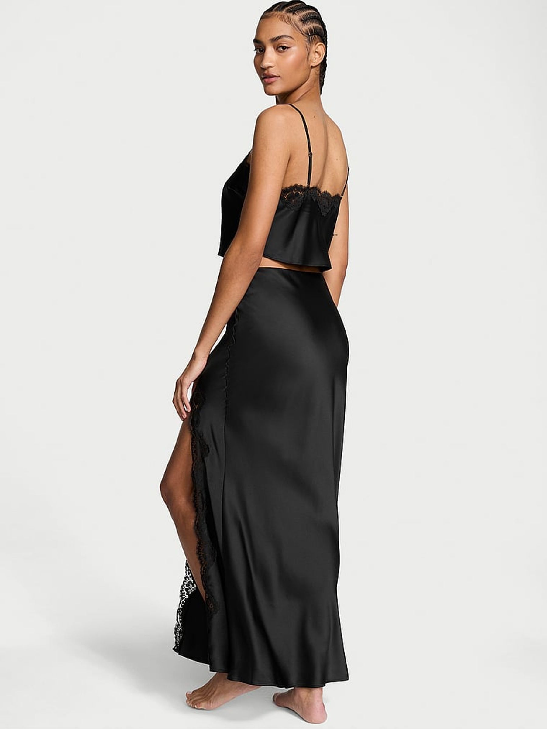 Black Satin Lace-Trim Cropped Top & Slip Skirt Set - Image 2 of 3