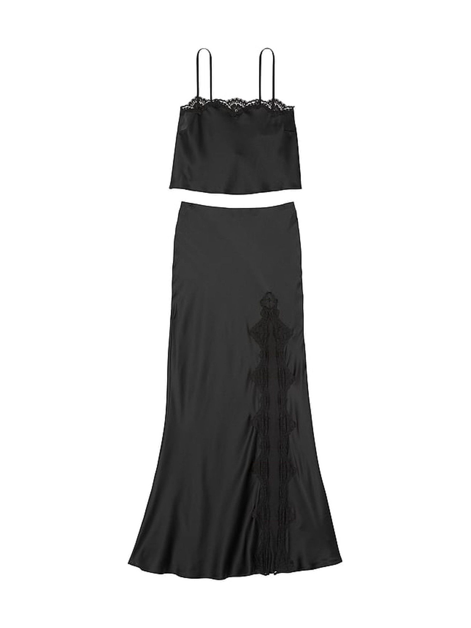 Black Satin Lace-Trim Cropped Top & Slip Skirt Set - Image 3 of 3