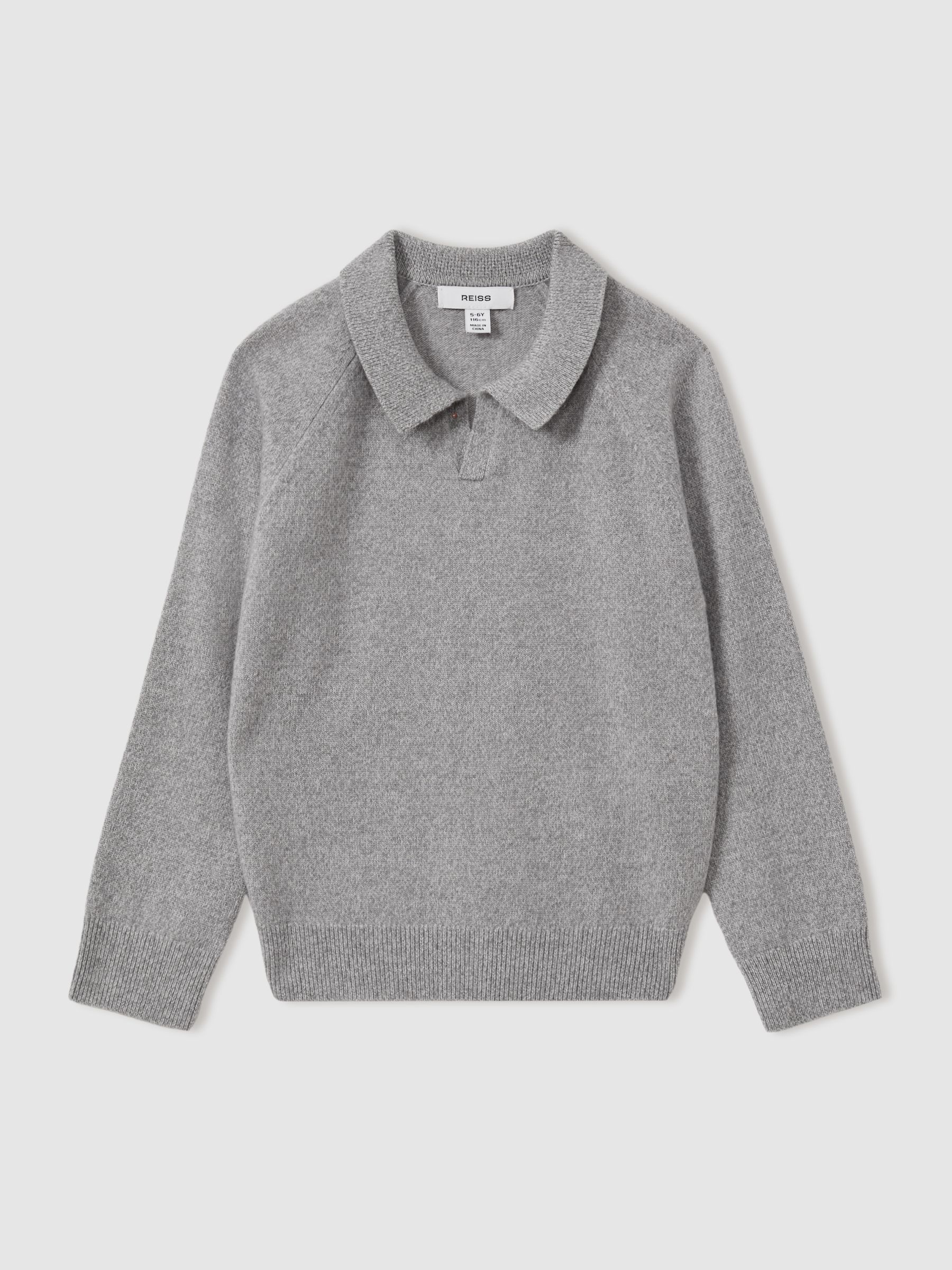 Junior Wool-Cashmere Open Collar Polo Shirt in Grey Melange - Image 1 of 3