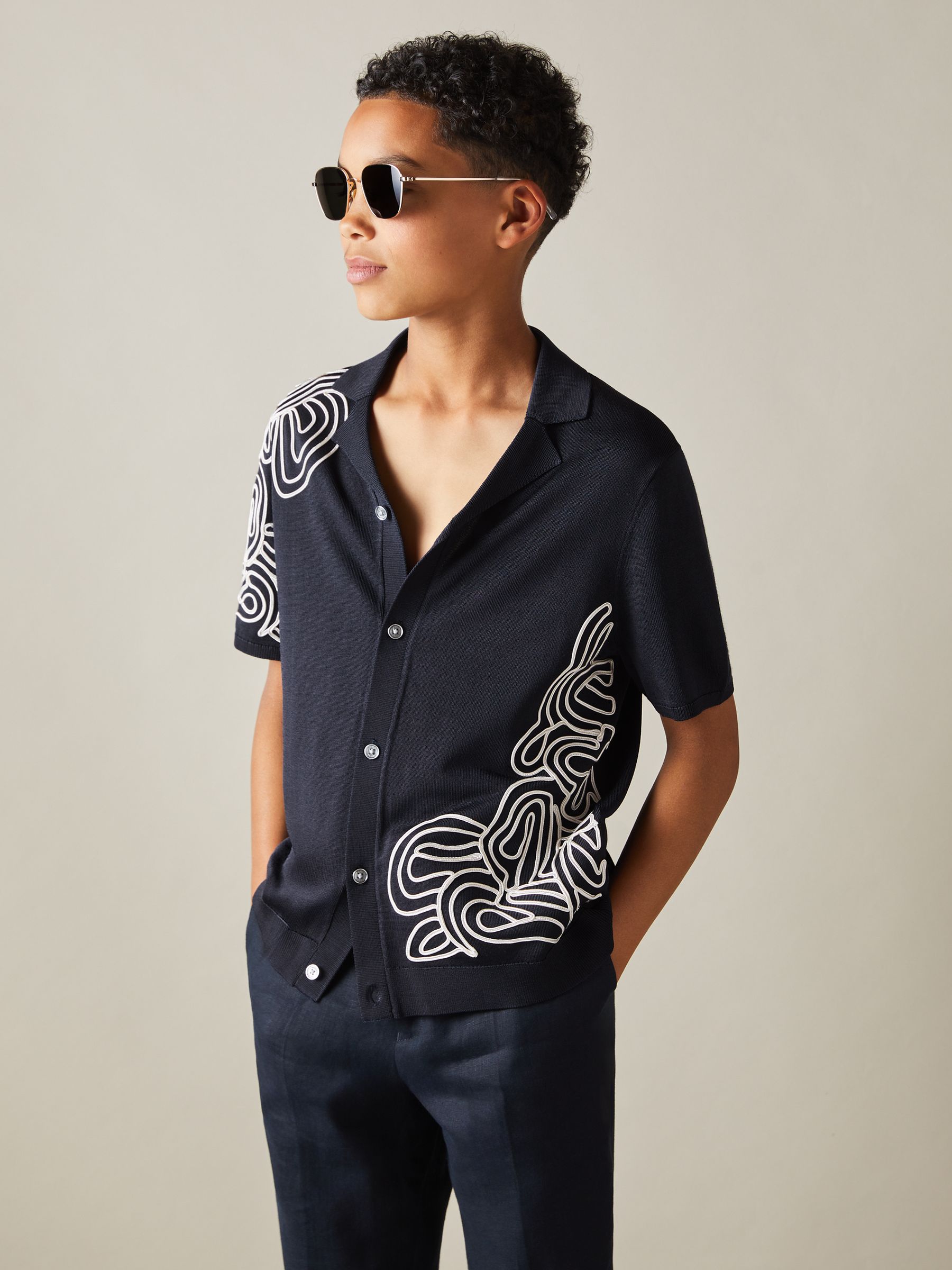 9-13 yrs Jersey Embroidered Cuban Collar Shirt in Navy/Off White - Image 1 of 4