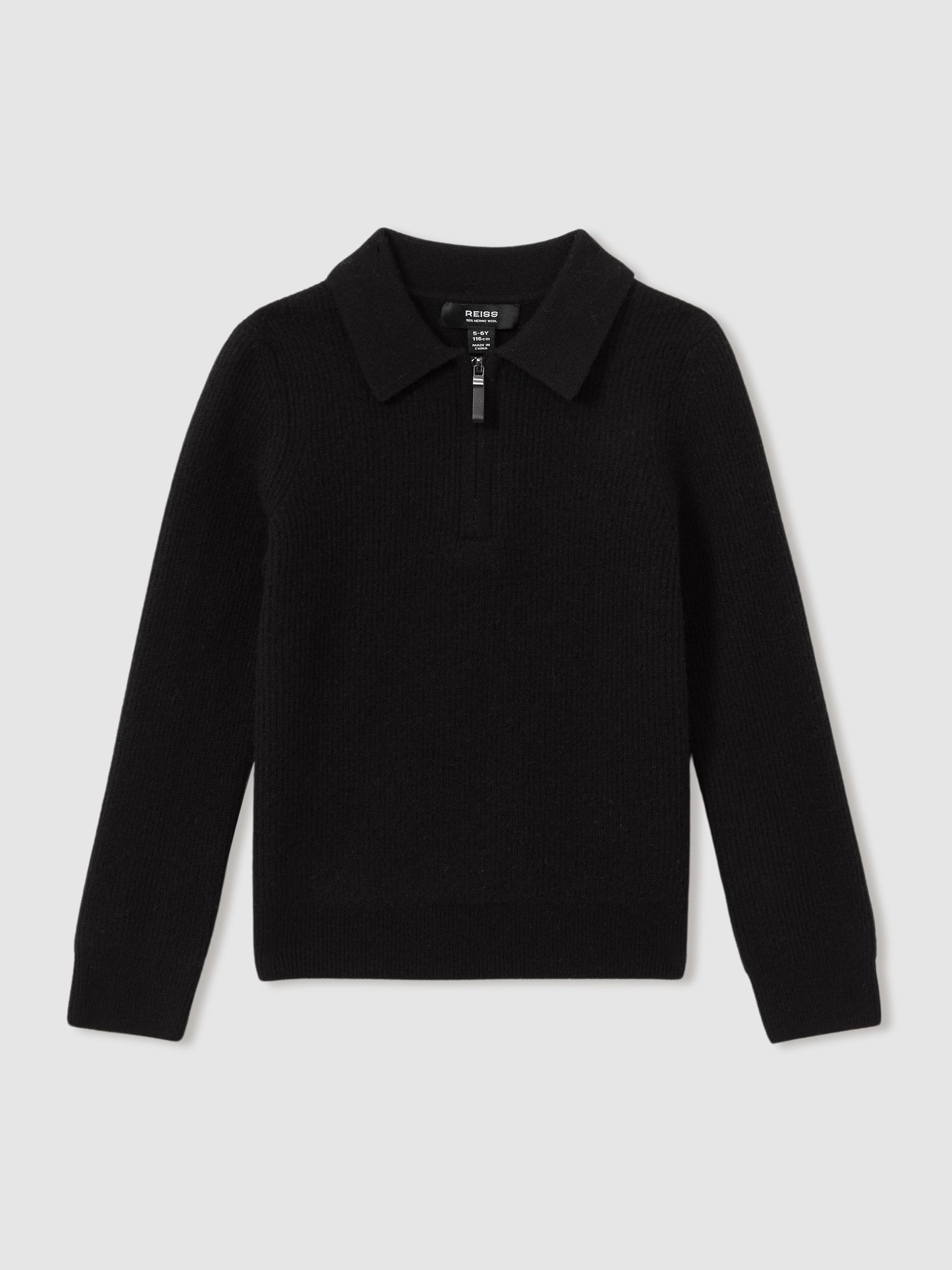 9-13 yrs Merino Wool Quarter Zip Polo Shirt in Black - Image 1 of 3