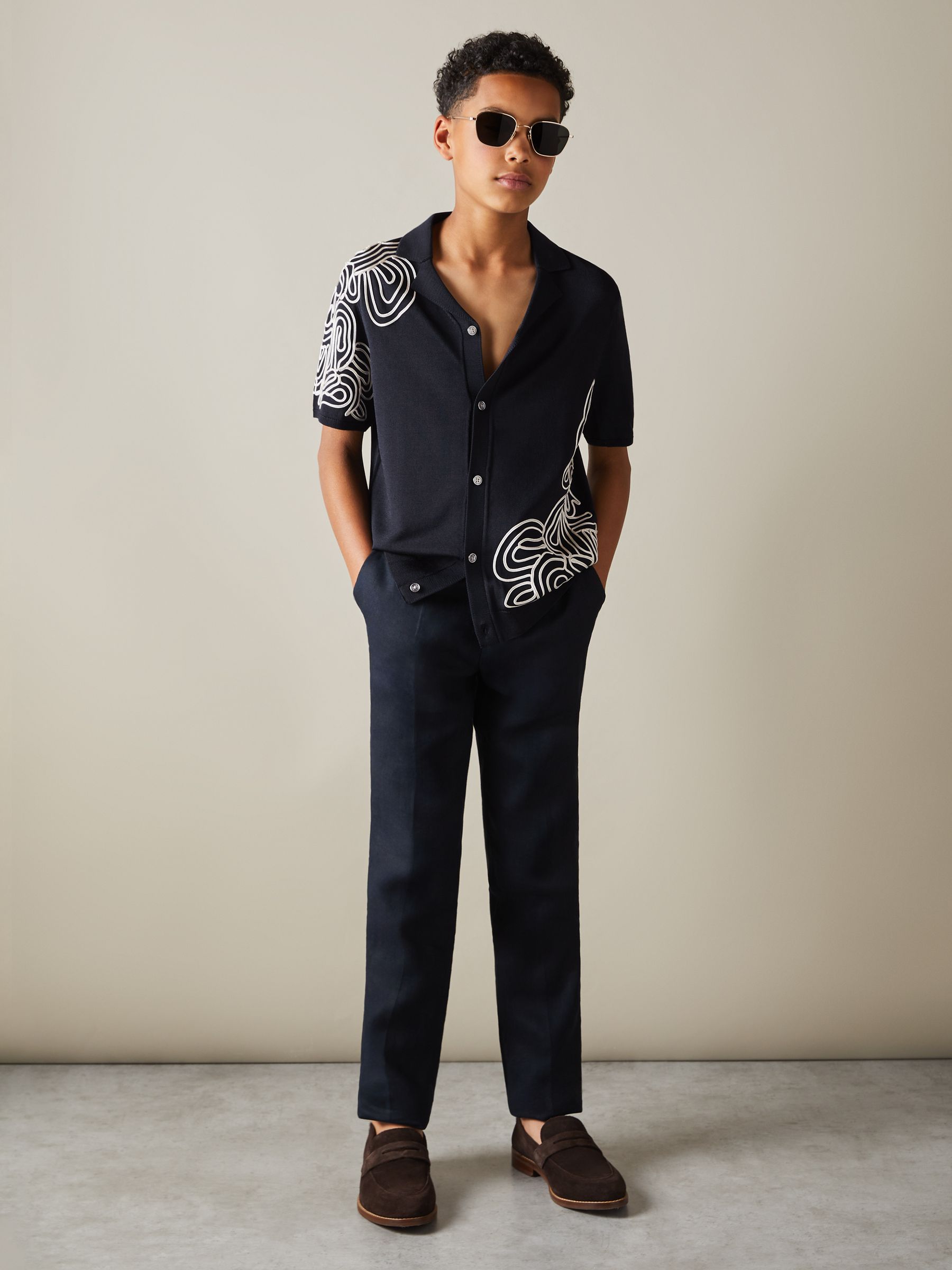 3-9 yrs Jersey Embroidered Cuban Collar Shirt in Navy/Off White - Image 1 of 4