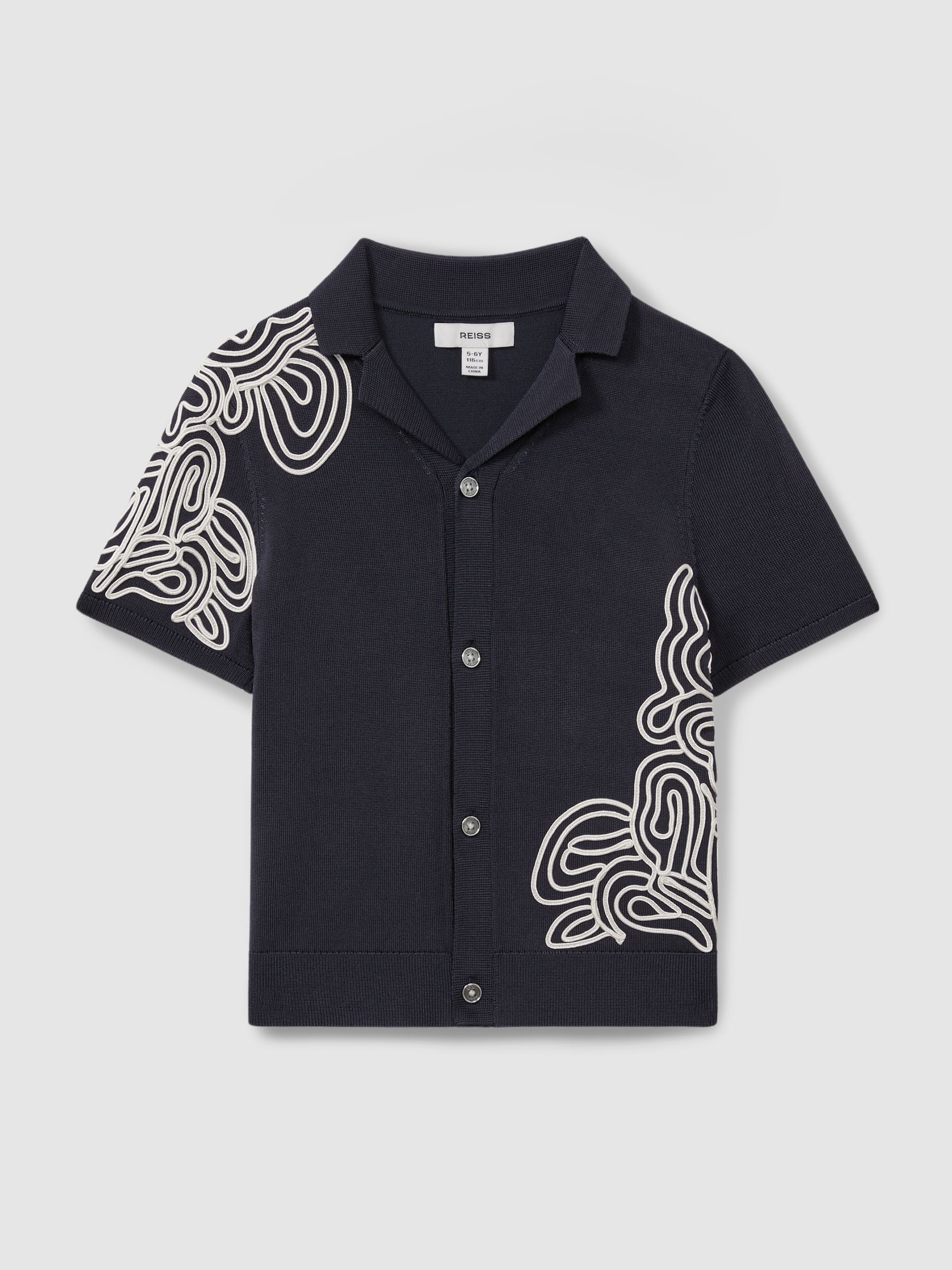 3-9 yrs Jersey Embroidered Cuban Collar Shirt in Navy/Off White - Image 2 of 4