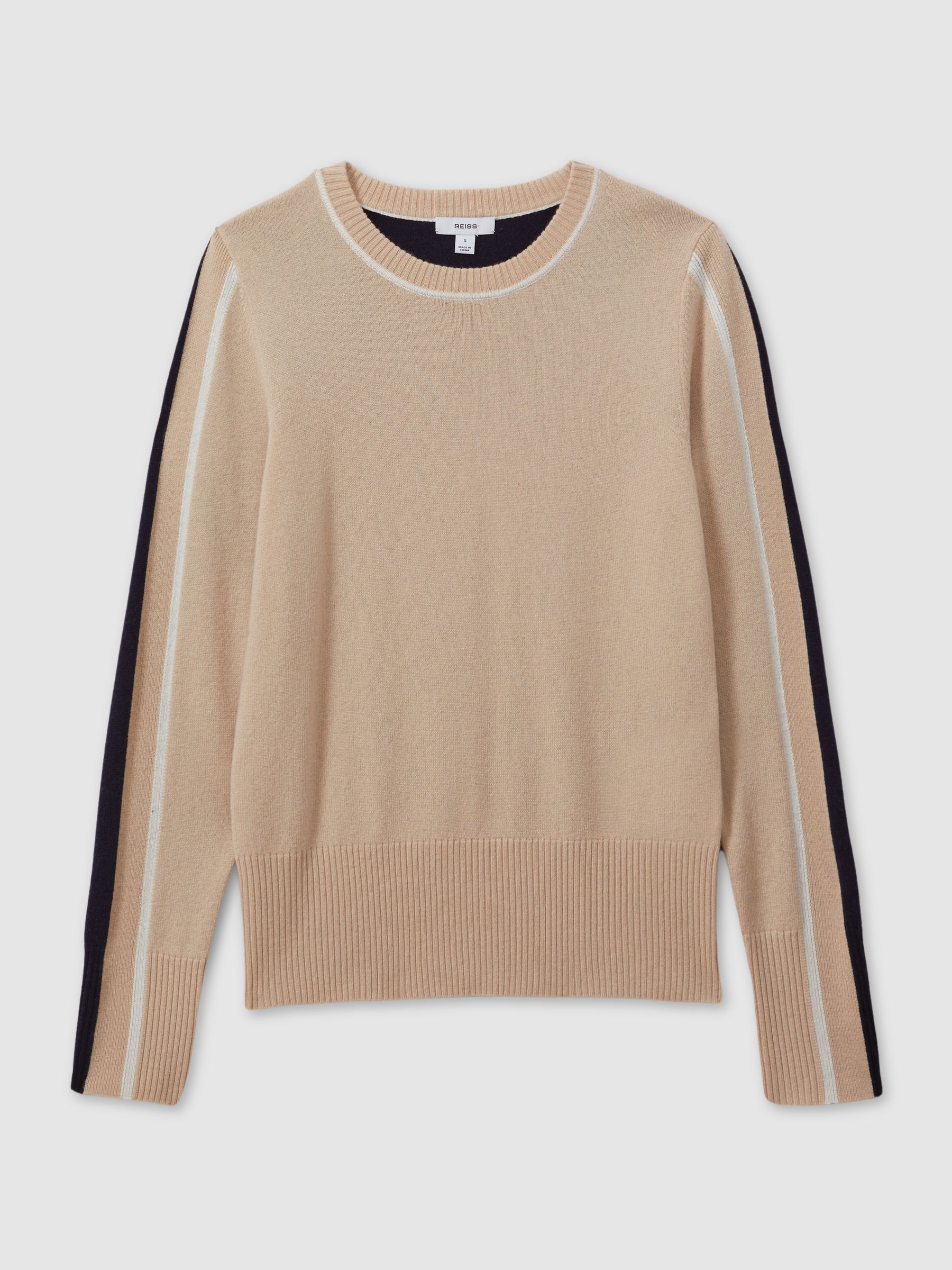 Wool Blend Colourblock Crew Neck Jumper with Cashmere in Neutral/Navy - Image 2 of 6