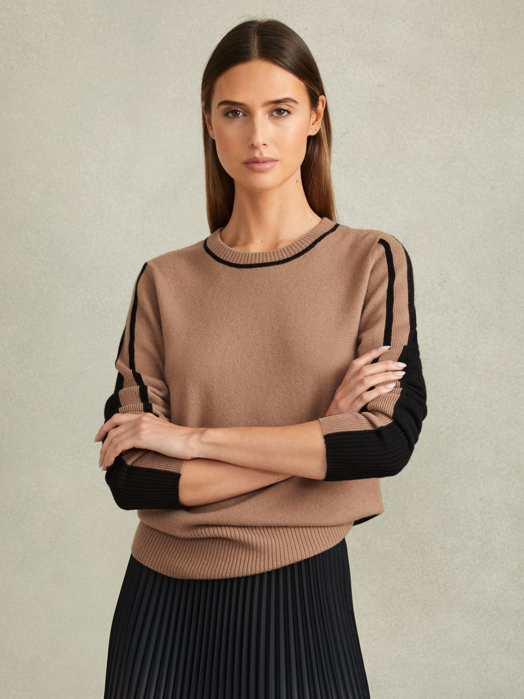 Wool Blend Colourblock Crew Neck Jumper with Cashmere in Mink/Black - Image 1 of 5