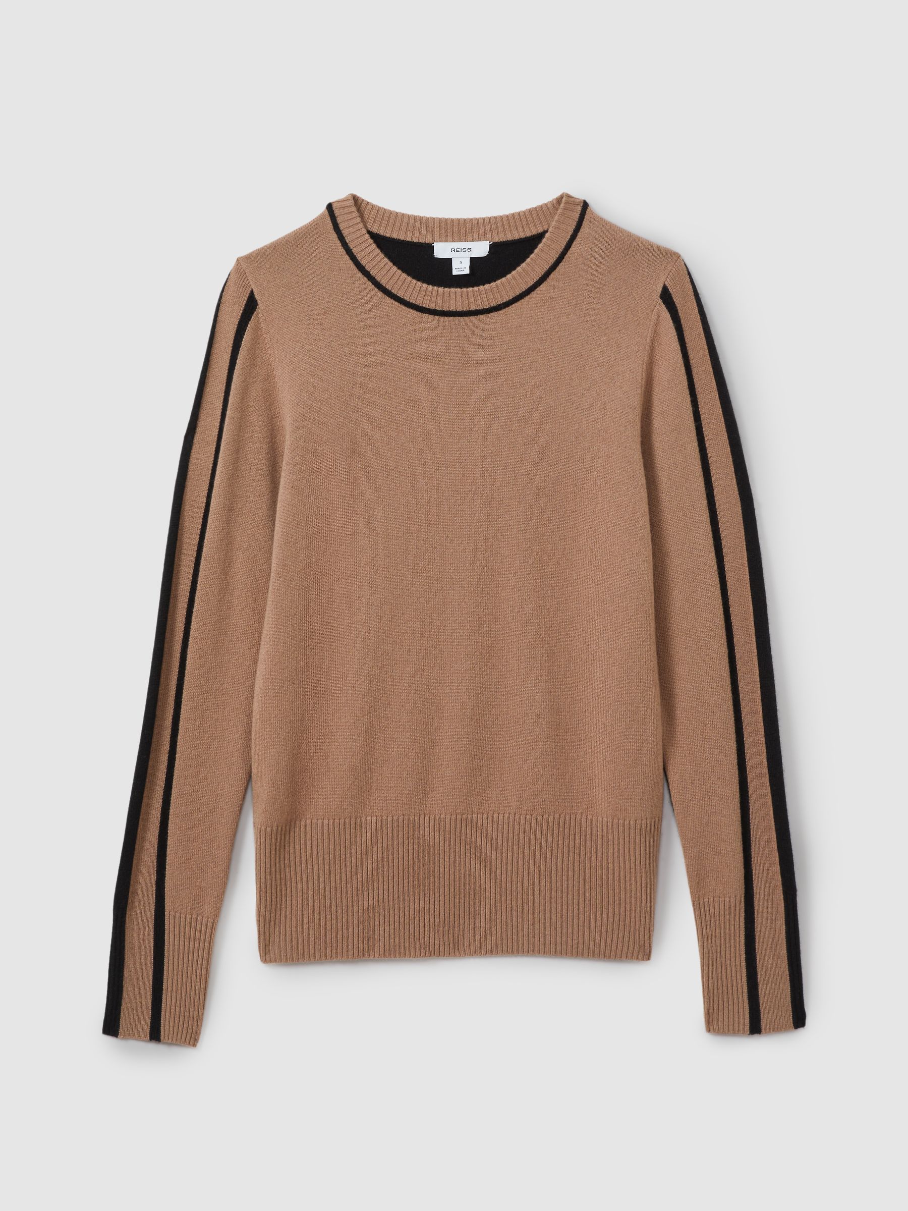 Wool Blend Colourblock Crew Neck Jumper with Cashmere in Mink/Black - Image 2 of 5