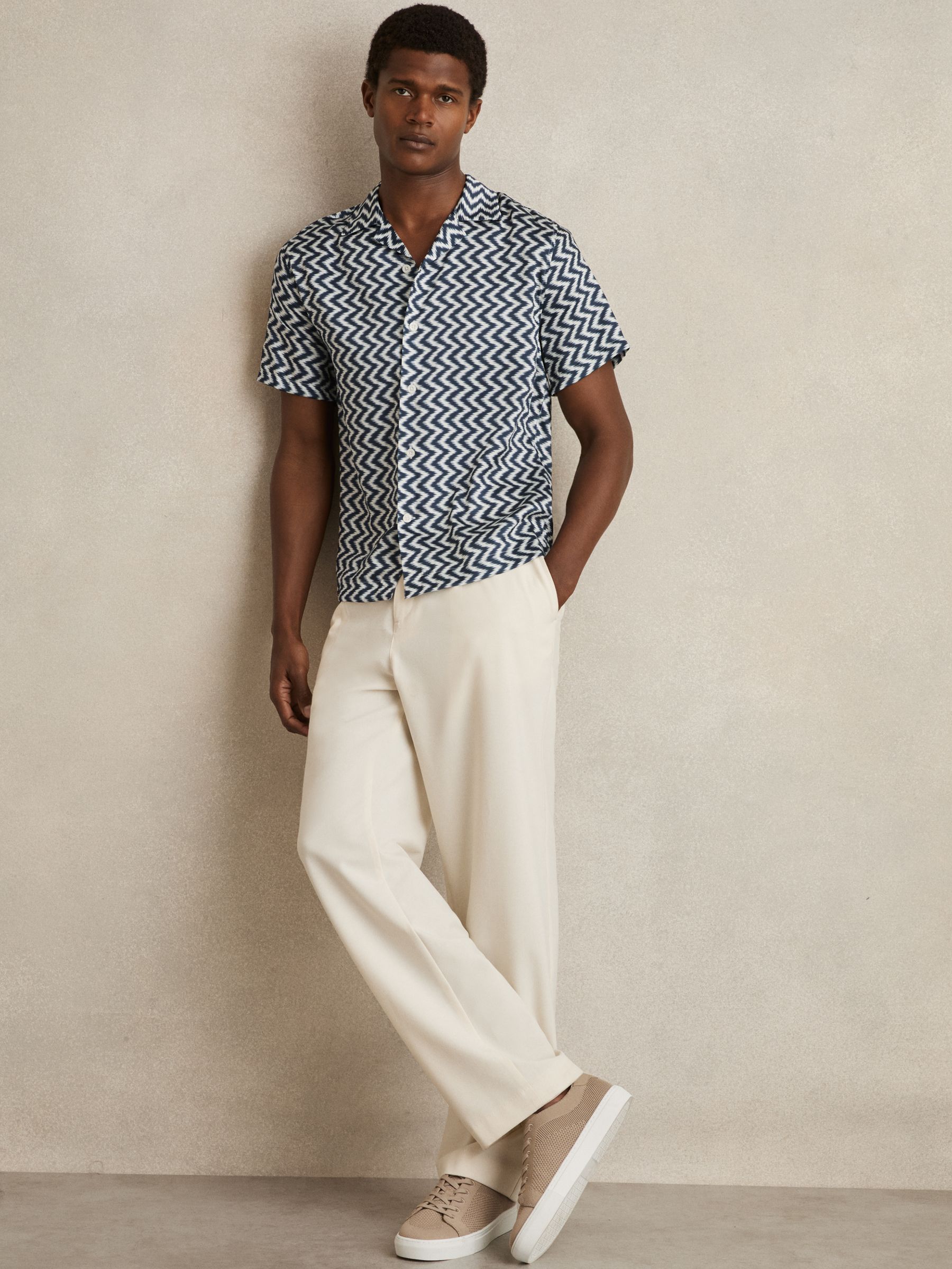 Zig-Zag Print Cuban-Collar Shirt in Navy - Image 1 of 6