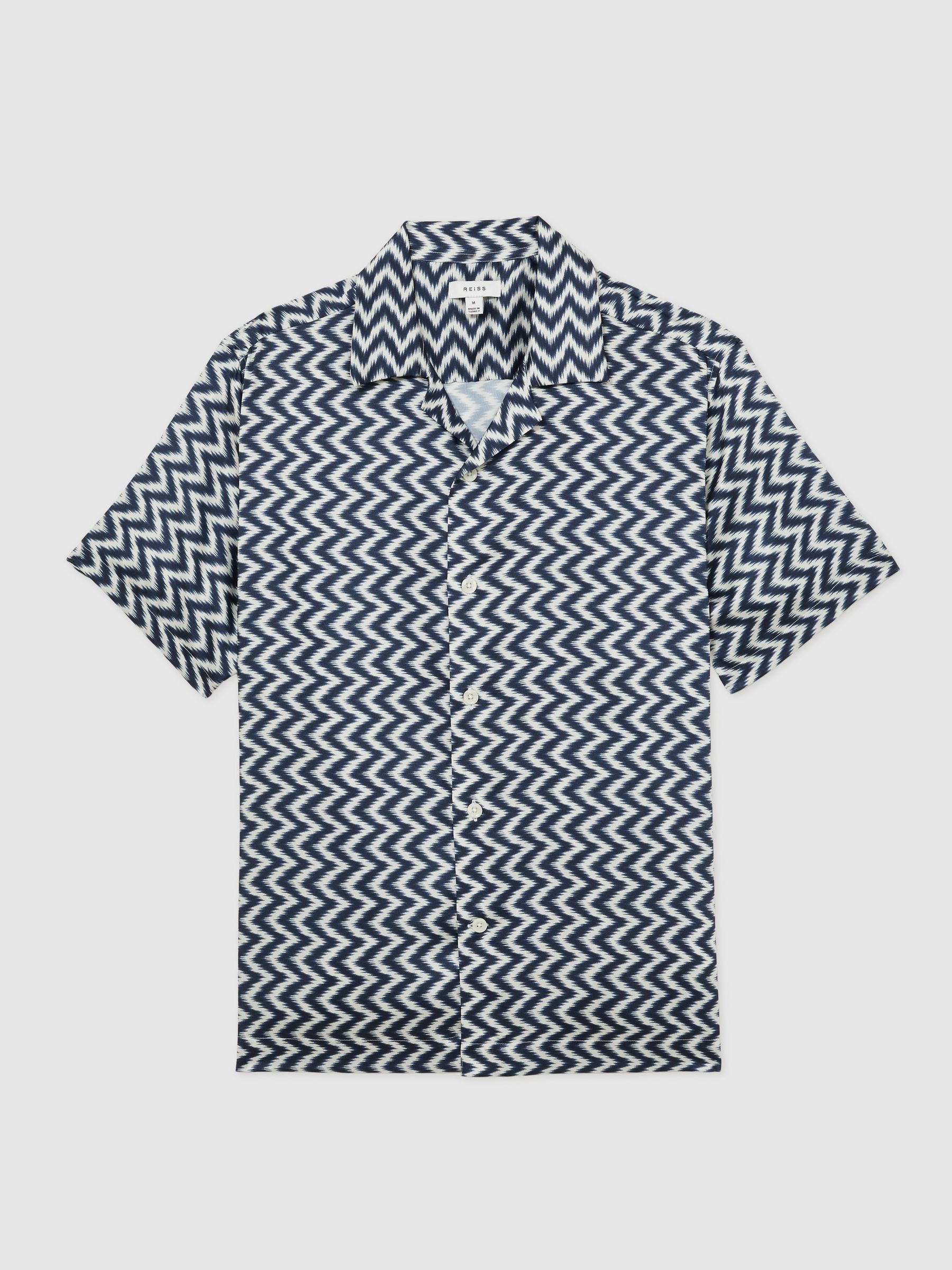 Zig-Zag Print Cuban-Collar Shirt in Navy - Image 2 of 6