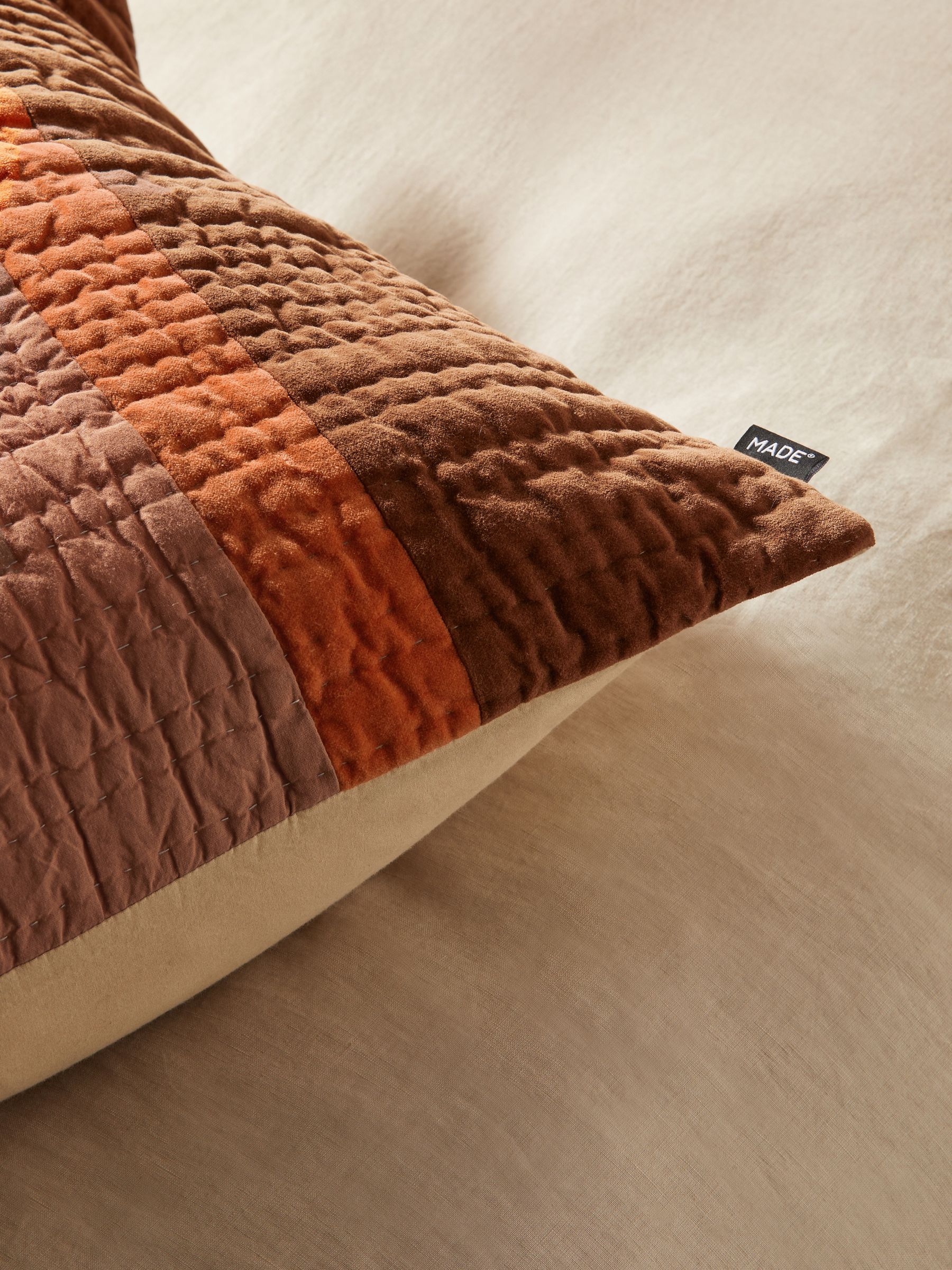 Valli Cotton Velvet Patchwork Pillowcase Sham Cover in Orange Stripe - Image 2 of 4