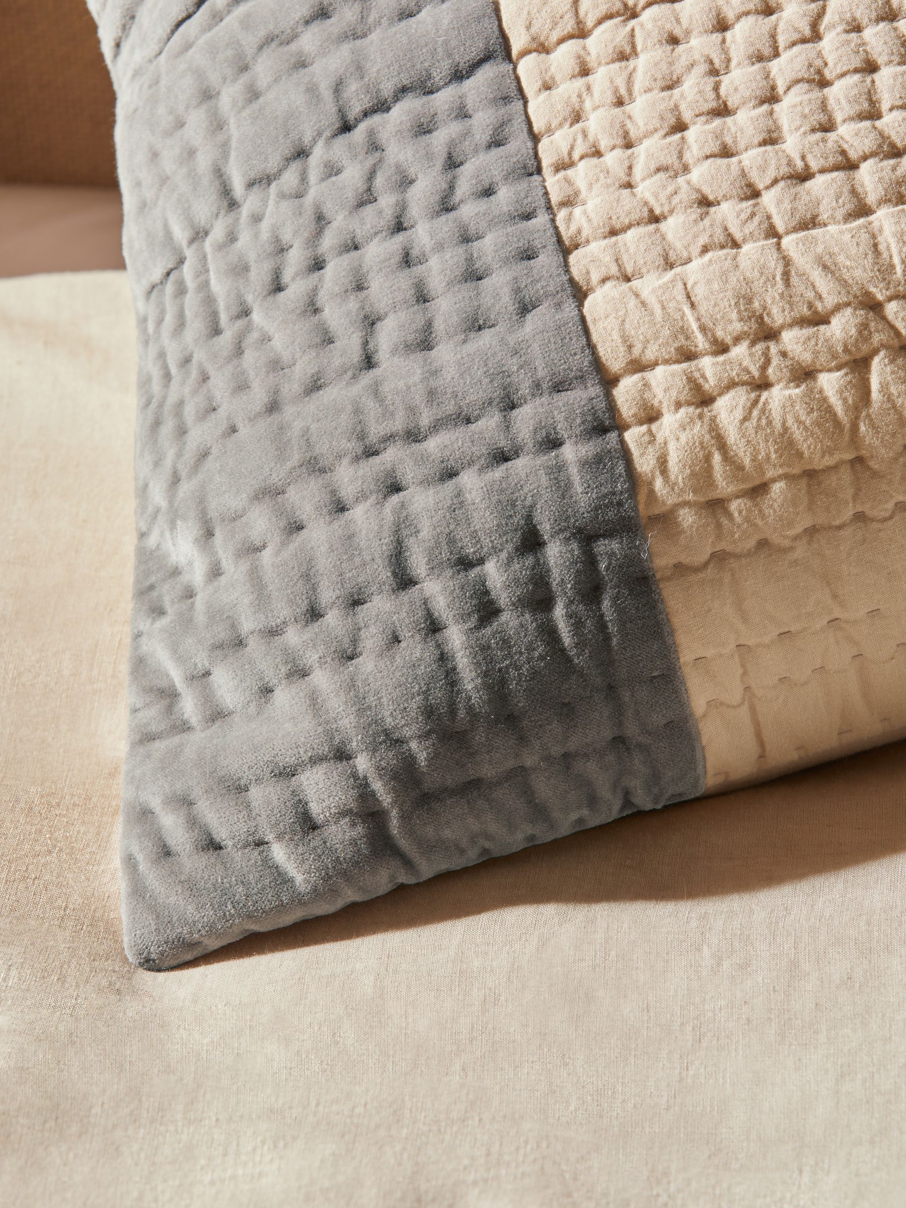Valli Cotton Velvet Patchwork Pillowcase Sham Cover in Grey Stripe - Image 3 of 4