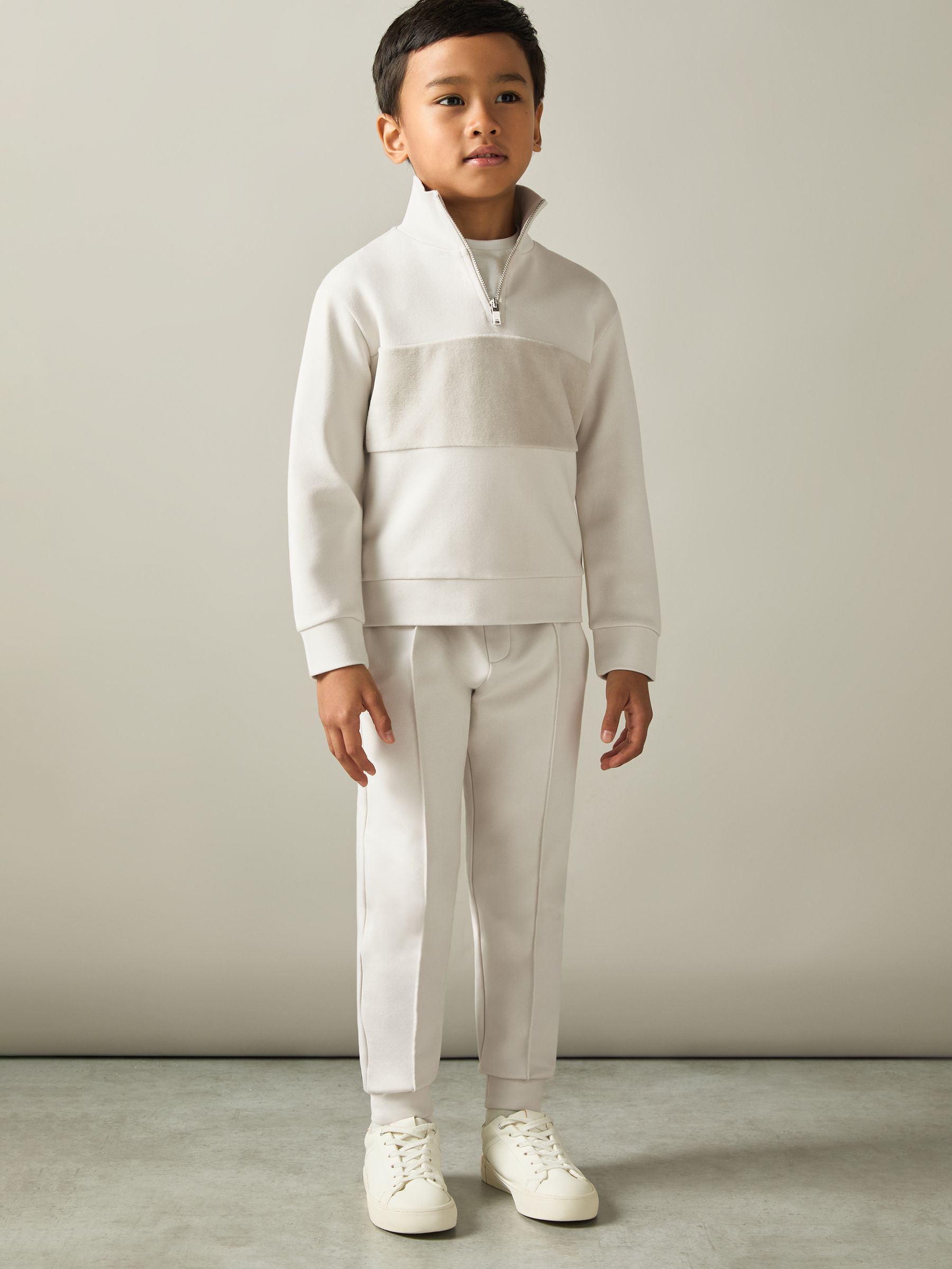 3-9 yrs Slim Fit Half-Zip Funnel Neck Velour Sweatshirt in Taupe - Image 1 of 4