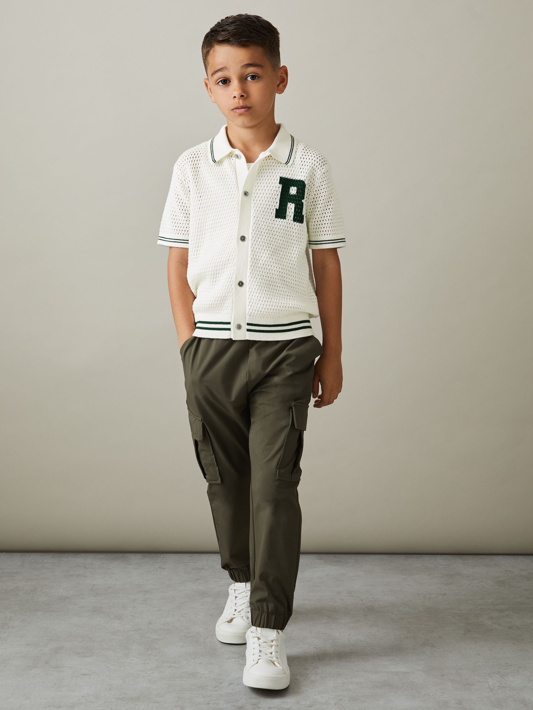 13-14 yrs Open-Stitch Motif Shirt in White/Dark Green - Image 2 of 4