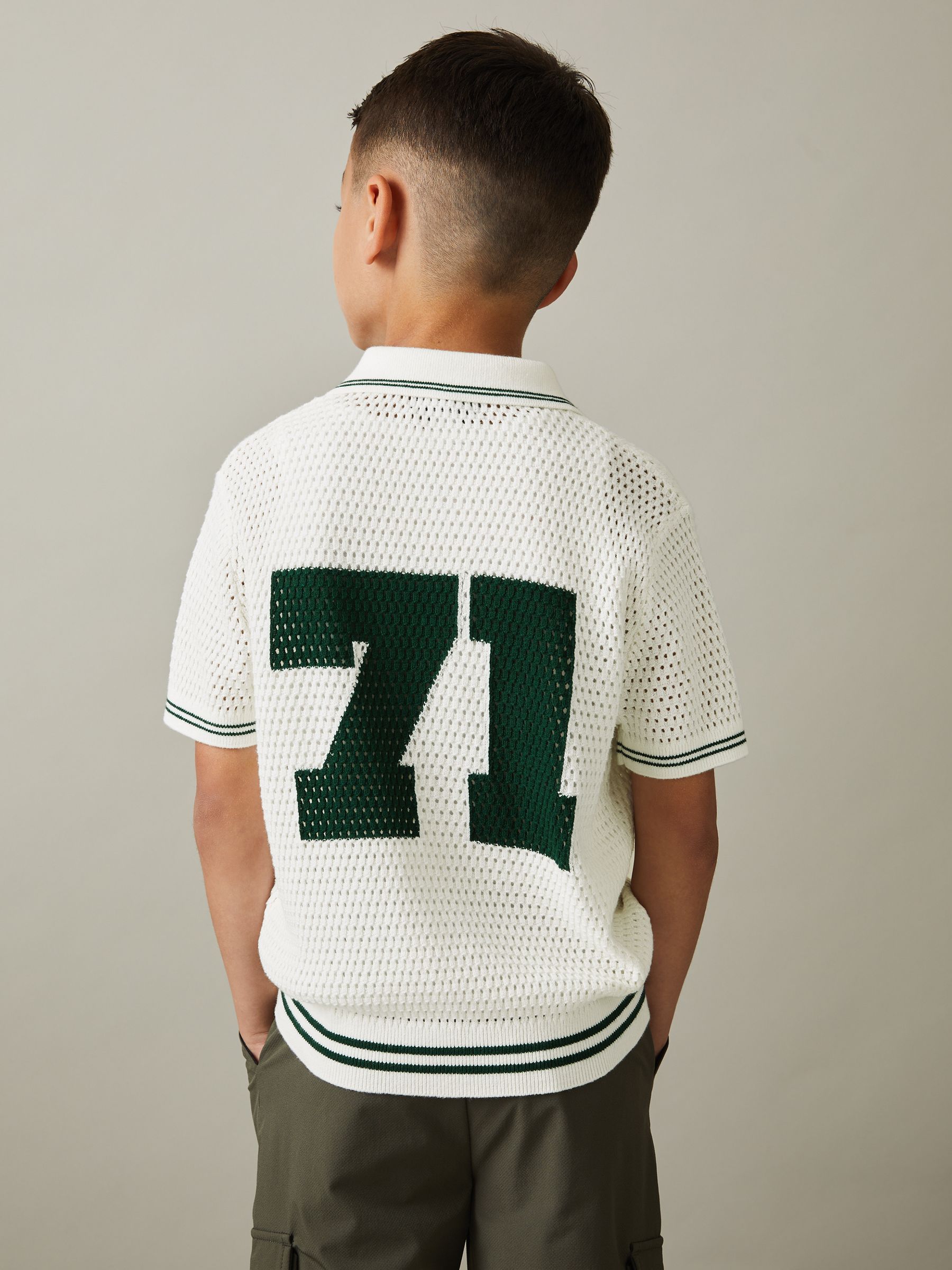 13-14 yrs Open-Stitch Motif Shirt in White/Dark Green - Image 3 of 4