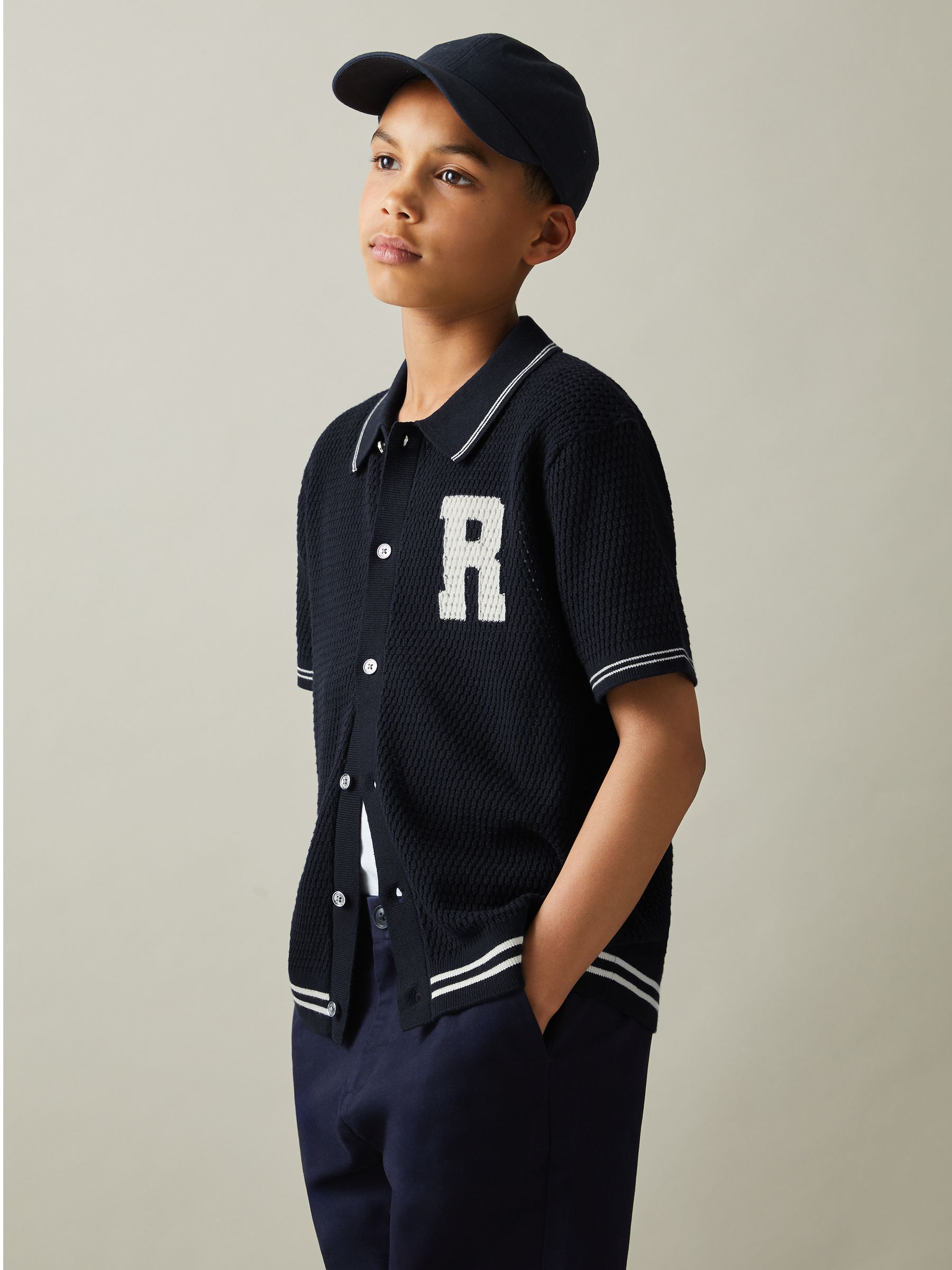 13-14 yrs Open-Stitch Motif Shirt in Navy/White - Image 3 of 5