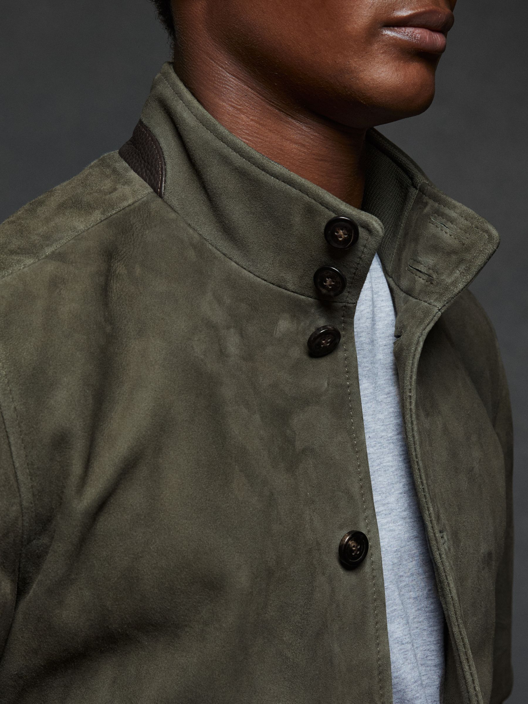 Suede Harrington Jacket in Light Khaki Green - Image 3 of 5