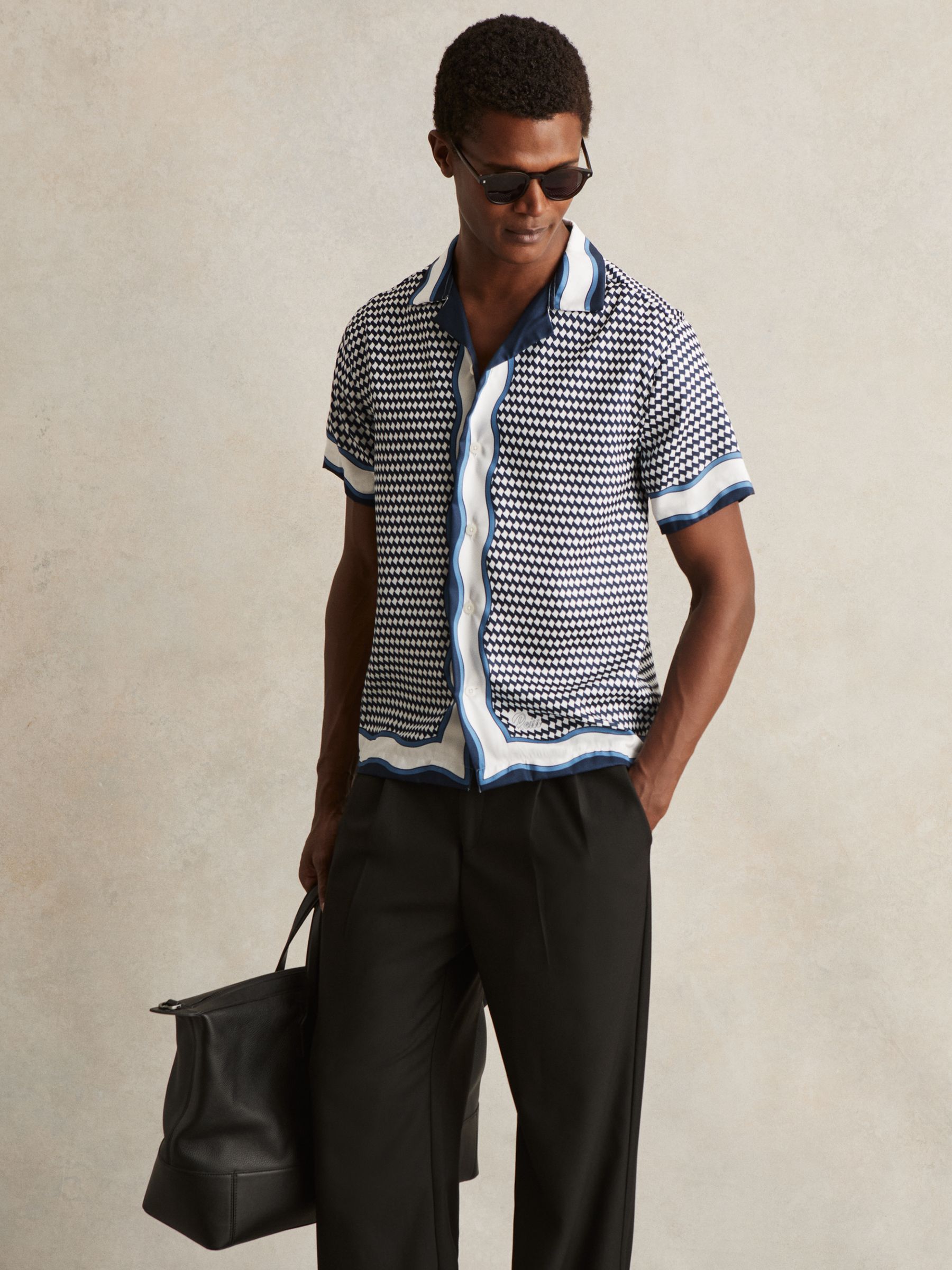 Geometric-Print Cuban-Collar Shirt in White/Navy - Image 1 of 5 Geometric-Print Cuban-Collar Shirt in White/Navy - Image 1 of 5