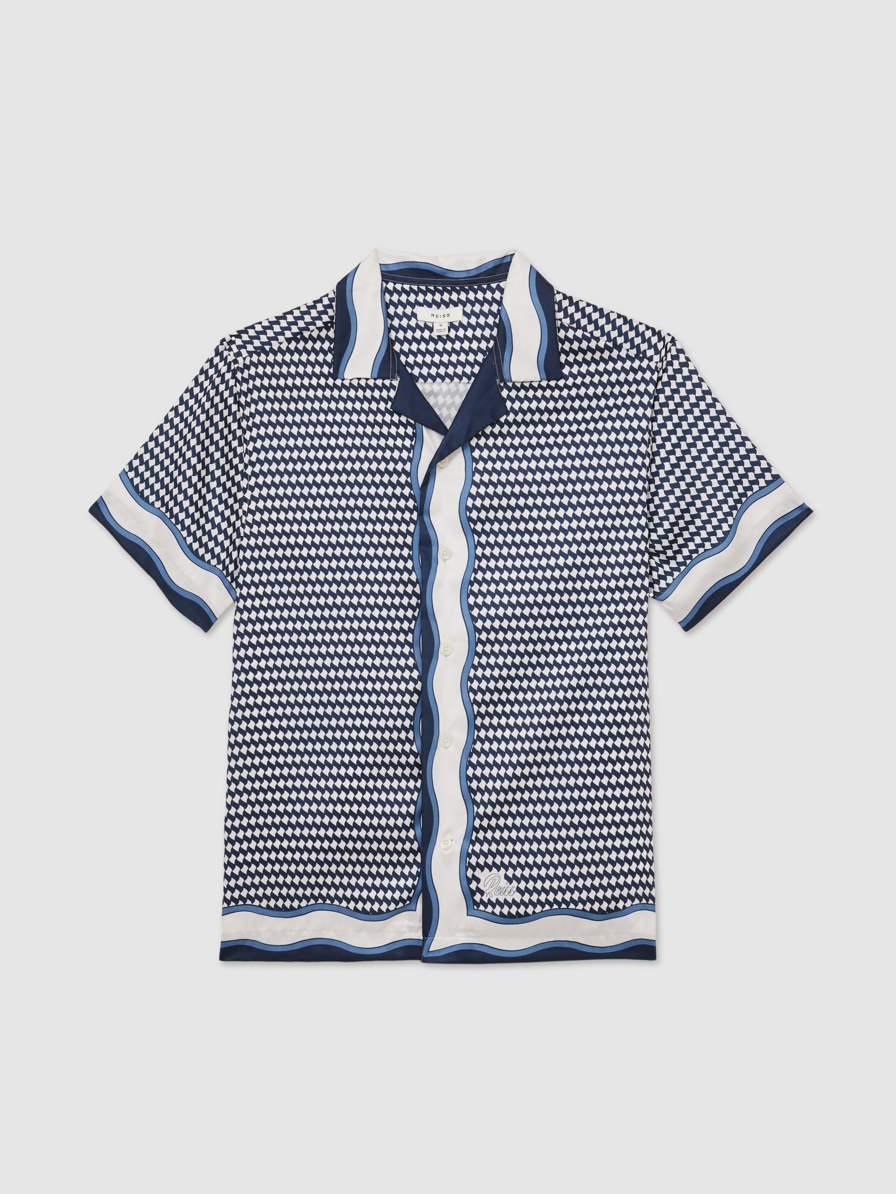 Geometric-Print Cuban-Collar Shirt in White/Navy - Image 2 of 5