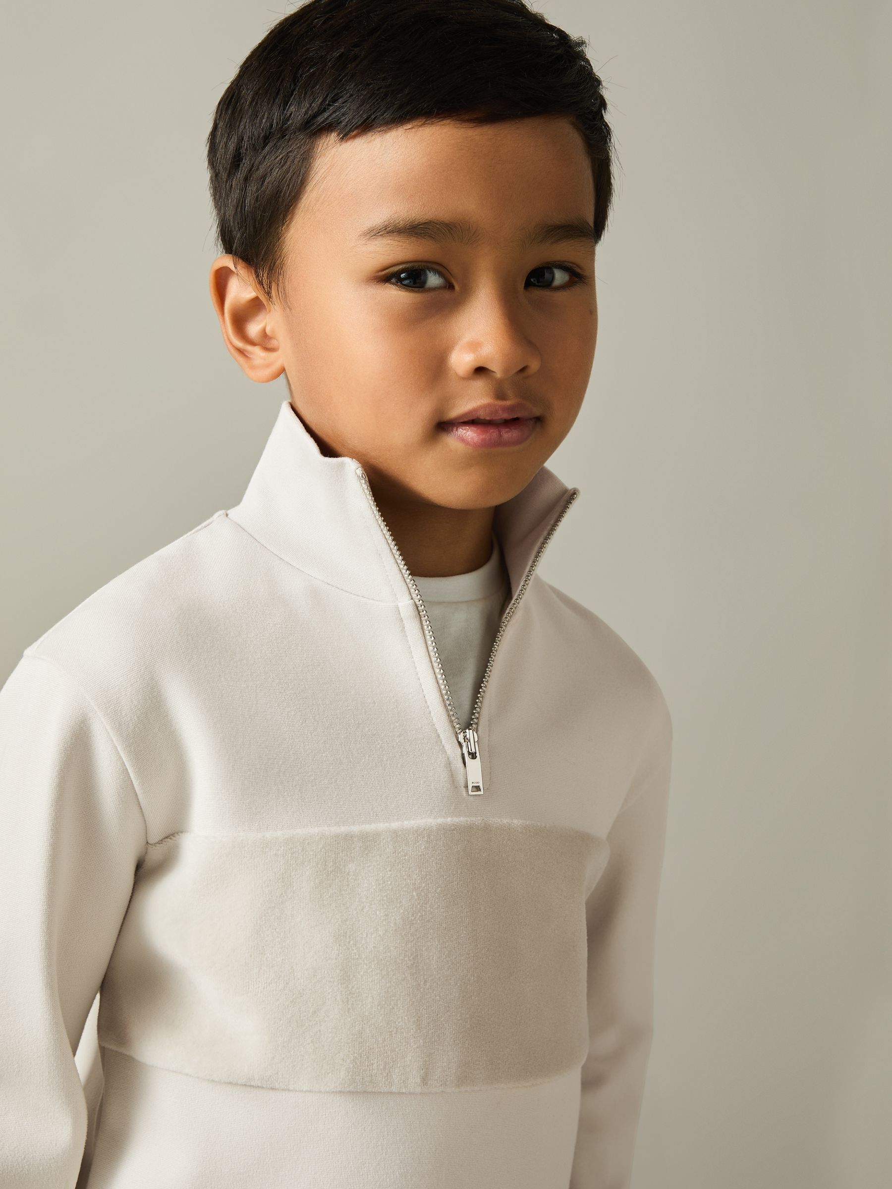 9-13 yrs Slim Fit Half-Zip Funnel Neck Velour Sweatshirt in Taupe - Image 1 of 4