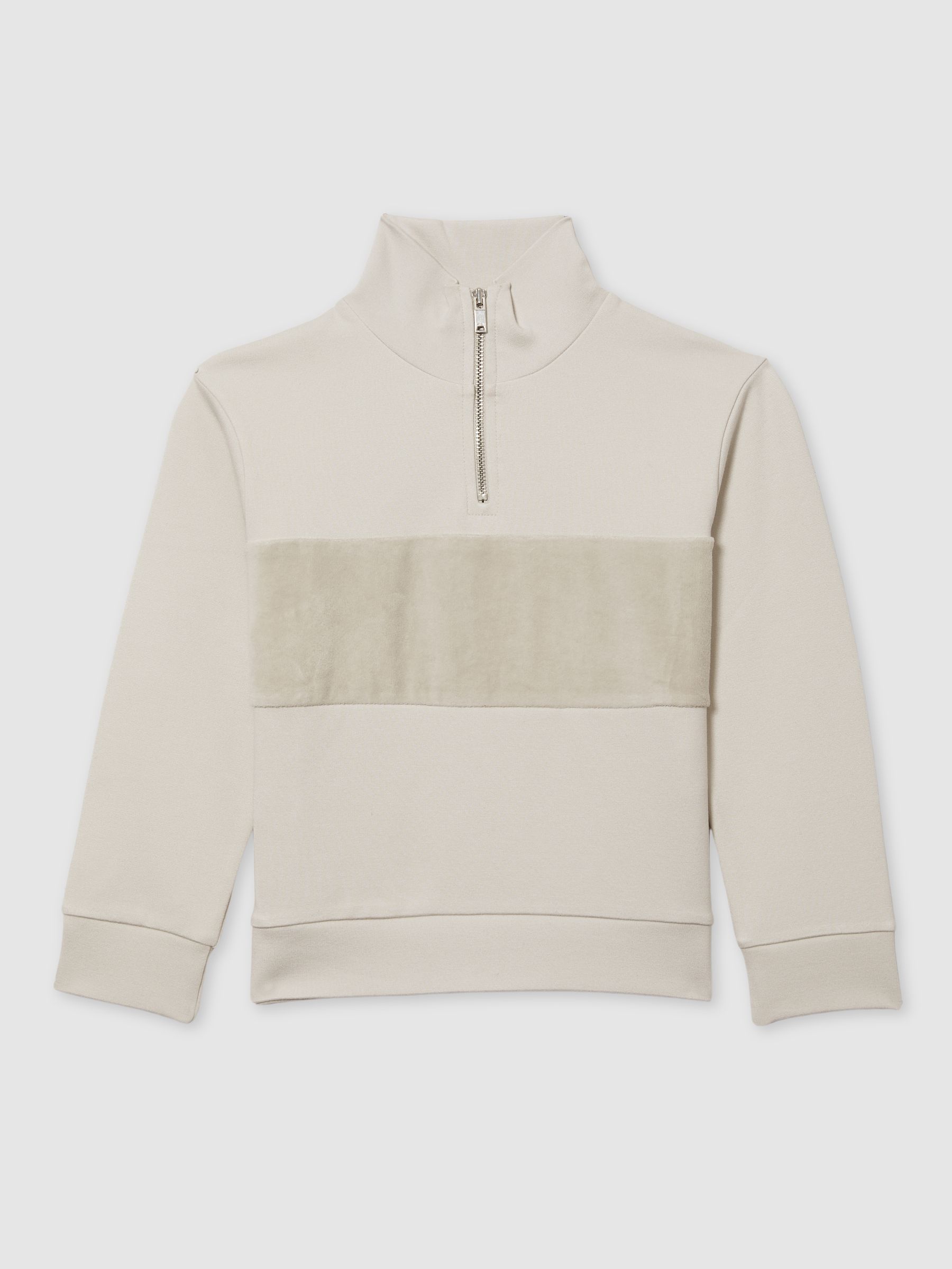 9-13 yrs Slim Fit Half-Zip Funnel Neck Velour Sweatshirt in Taupe - Image 2 of 4