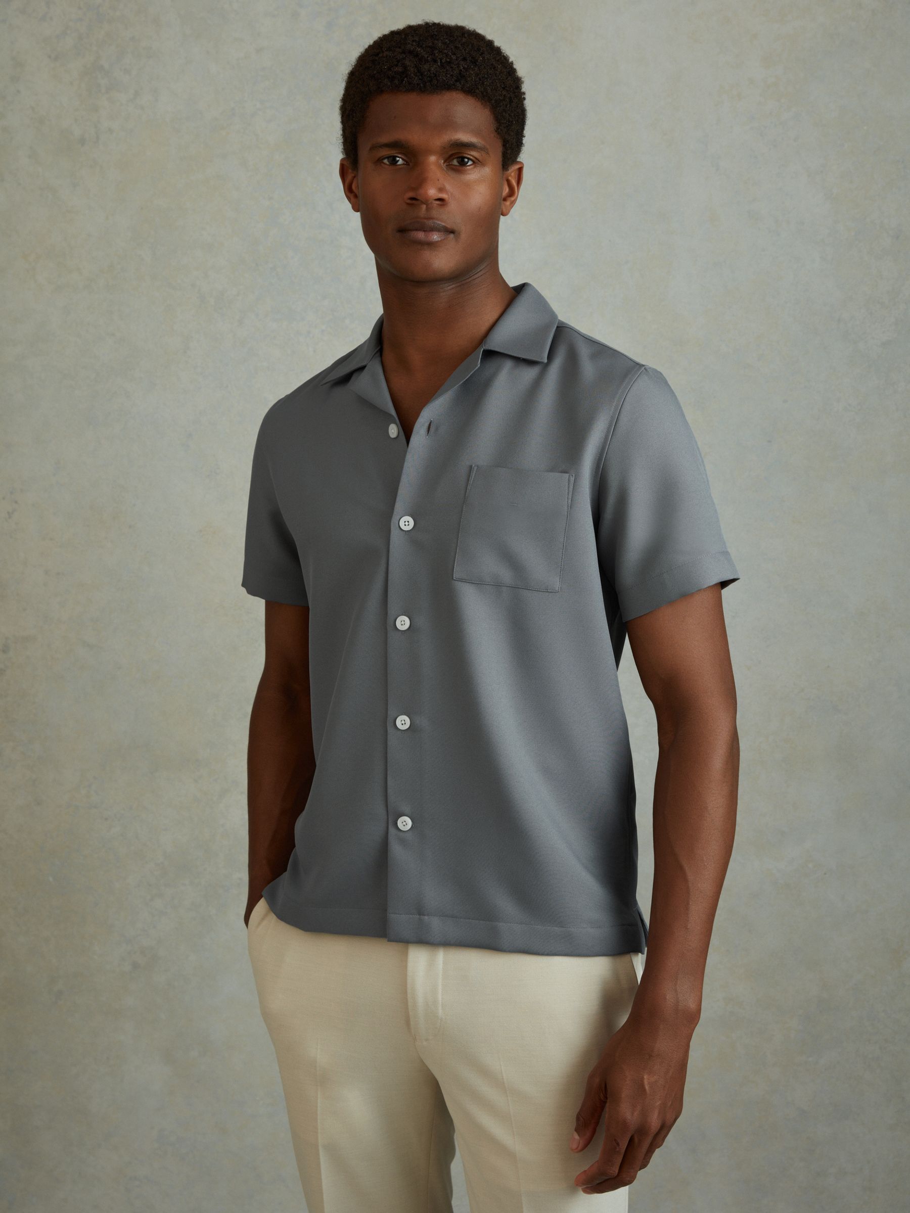 Cuban Collar Button-Through Shirt in Slate Grey - Image 1 of 6