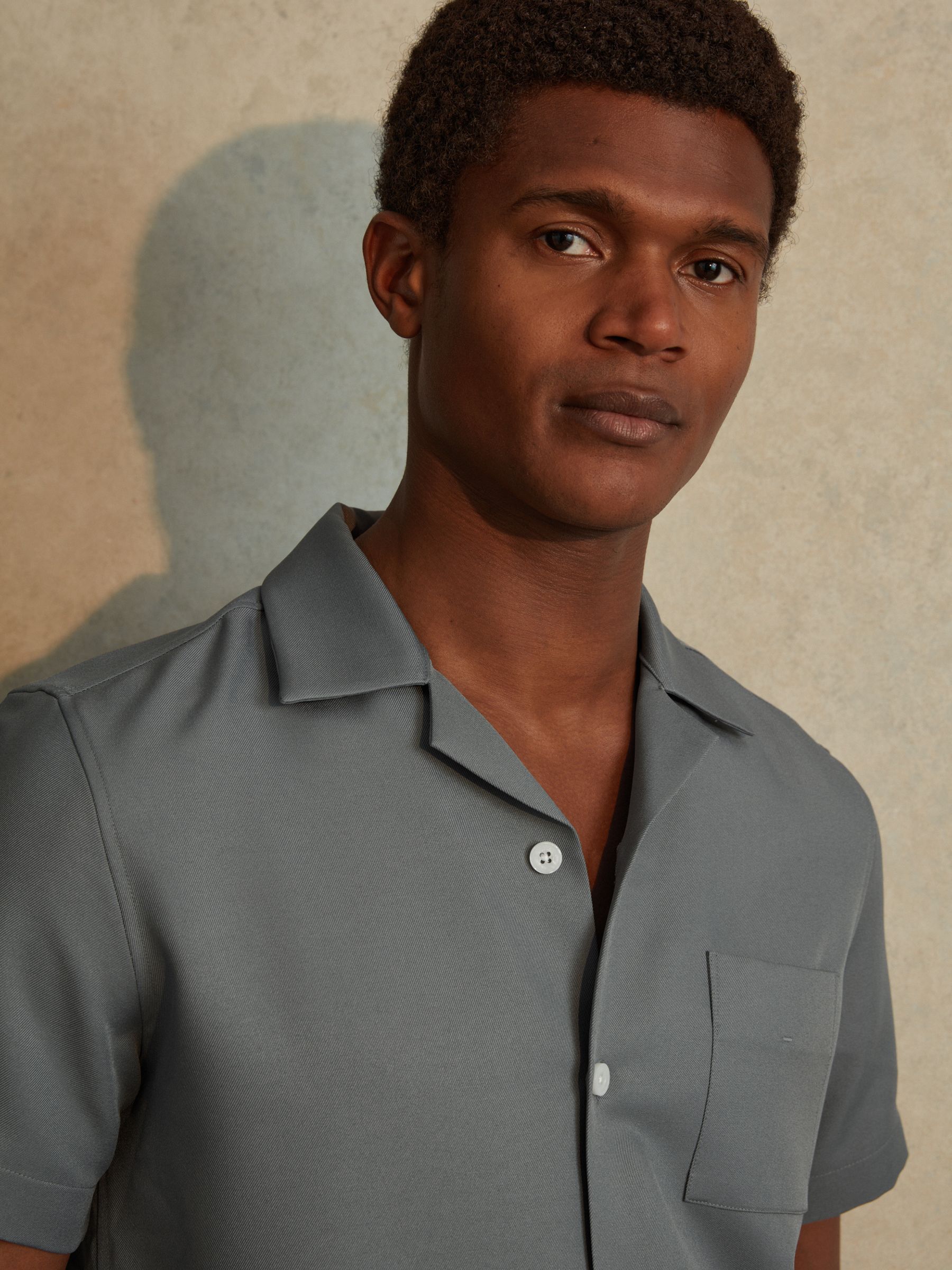 Cuban Collar Button-Through Shirt in Slate Grey - Image 4 of 6