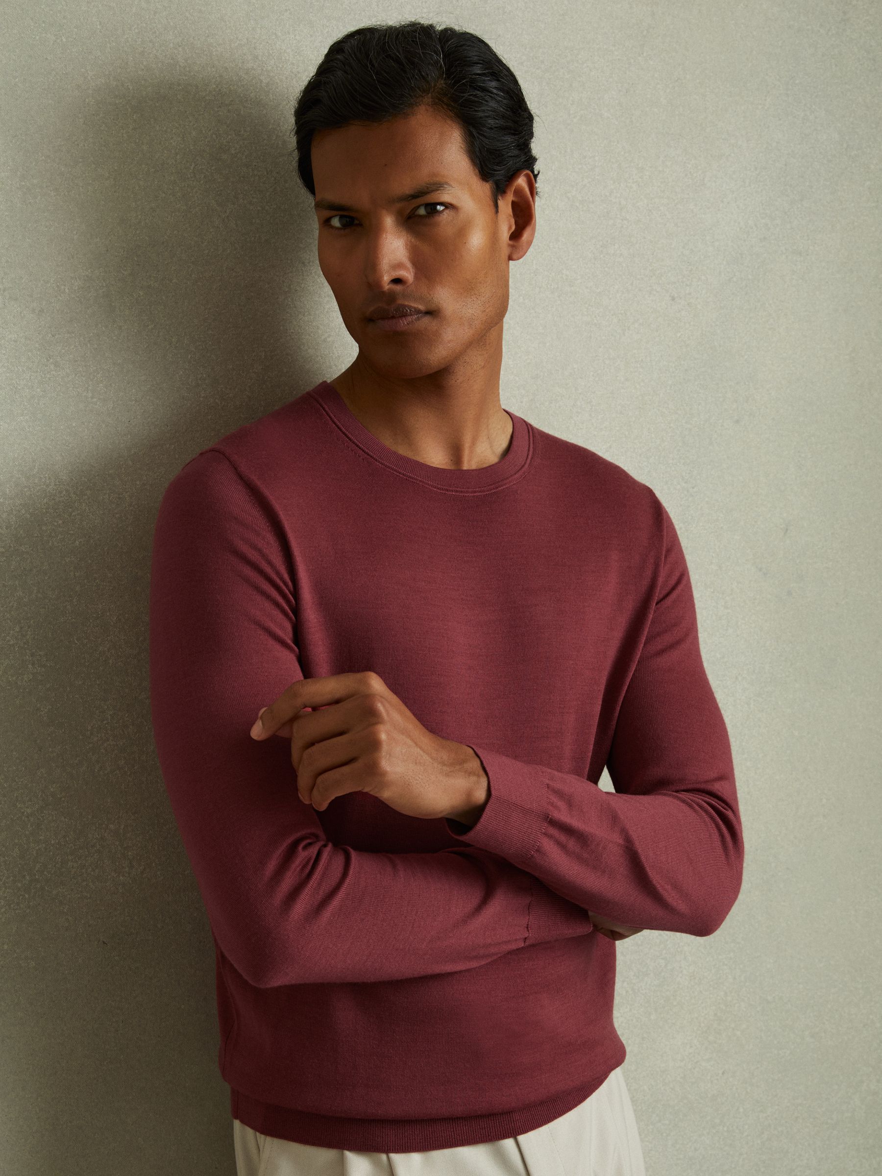 Merino Wool Crew Neck Jumper in Cherry Pink - Image 1 of 4