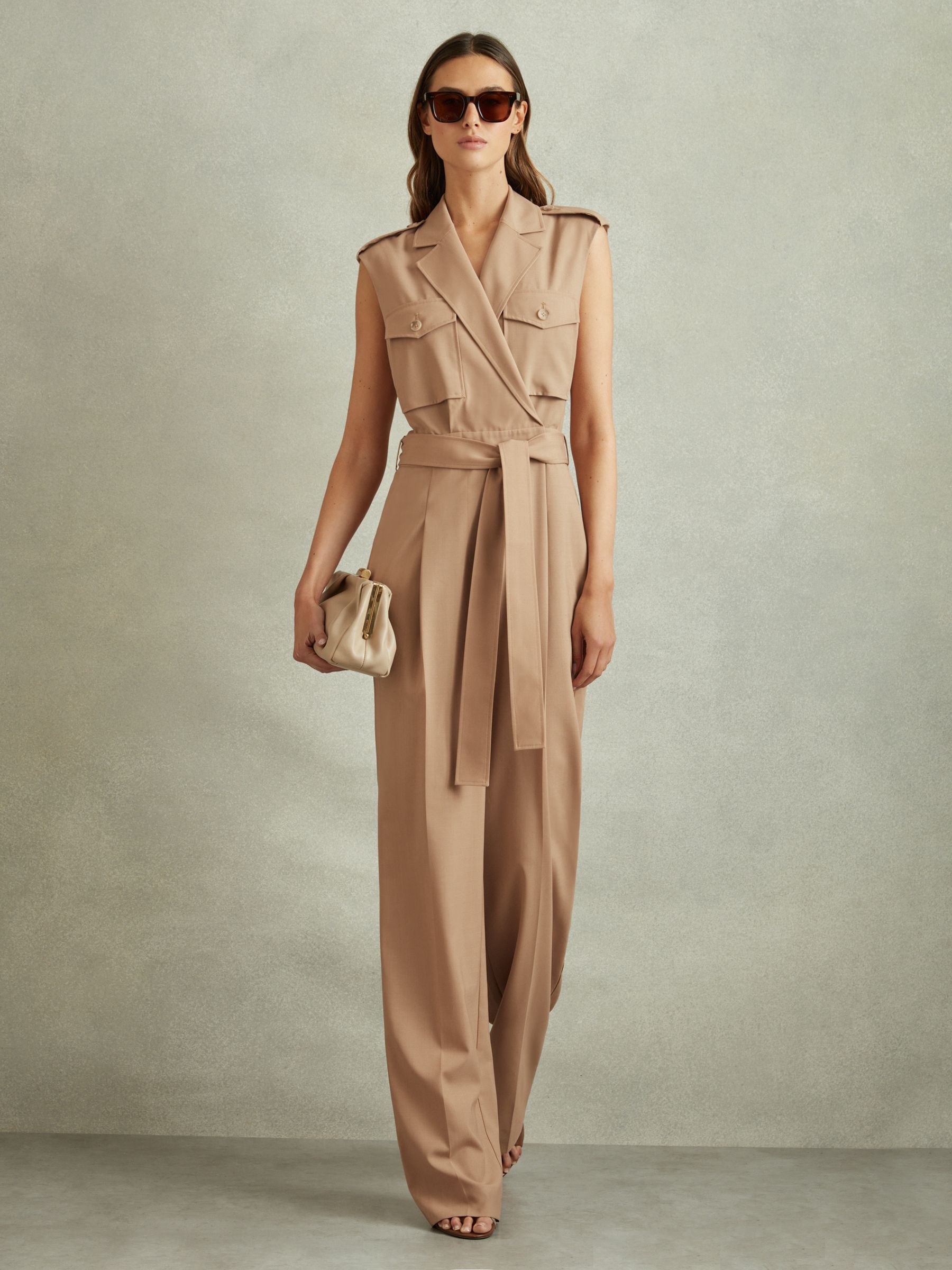 Wool Blend Double Breasted Belted Jumpsuit in Stone - Image 1 of 5