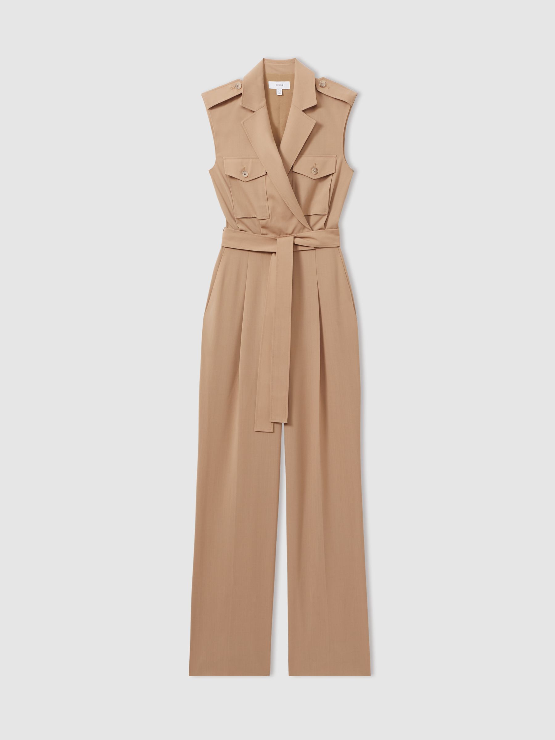 Wool Blend Double Breasted Belted Jumpsuit in Stone - Image 2 of 5