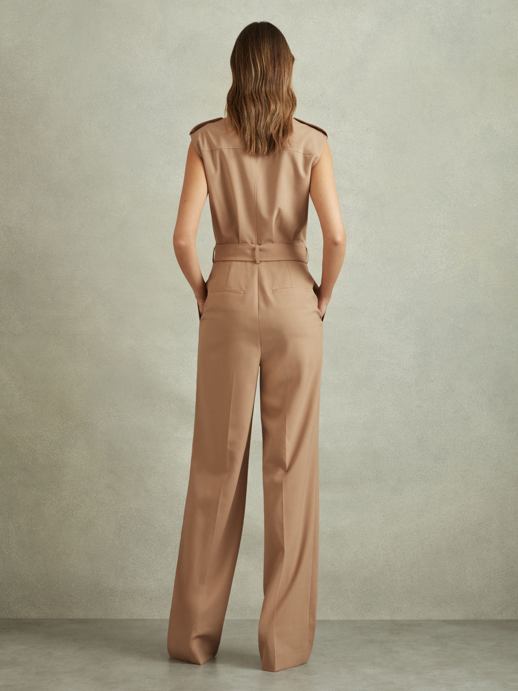 Wool Blend Double Breasted Belted Jumpsuit in Stone - Image 4 of 5