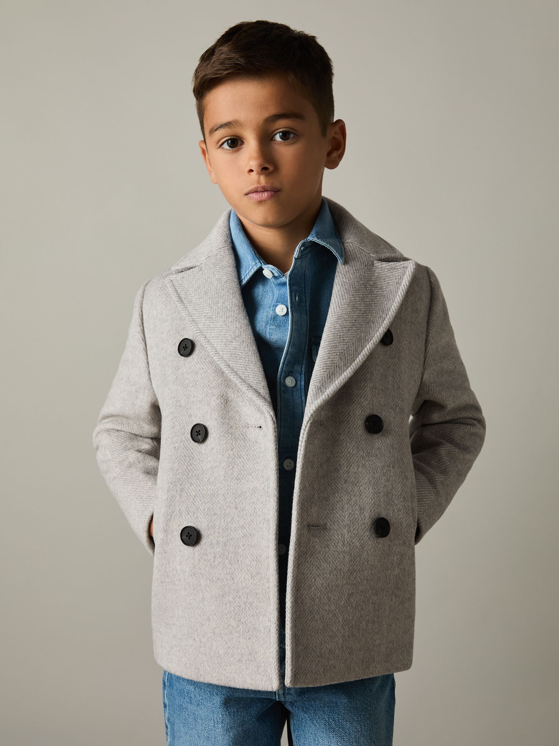 3-9 yrs Wool-Blend Twill Double-Breasted Coat in Soft Grey Melange - Image 3 of 4