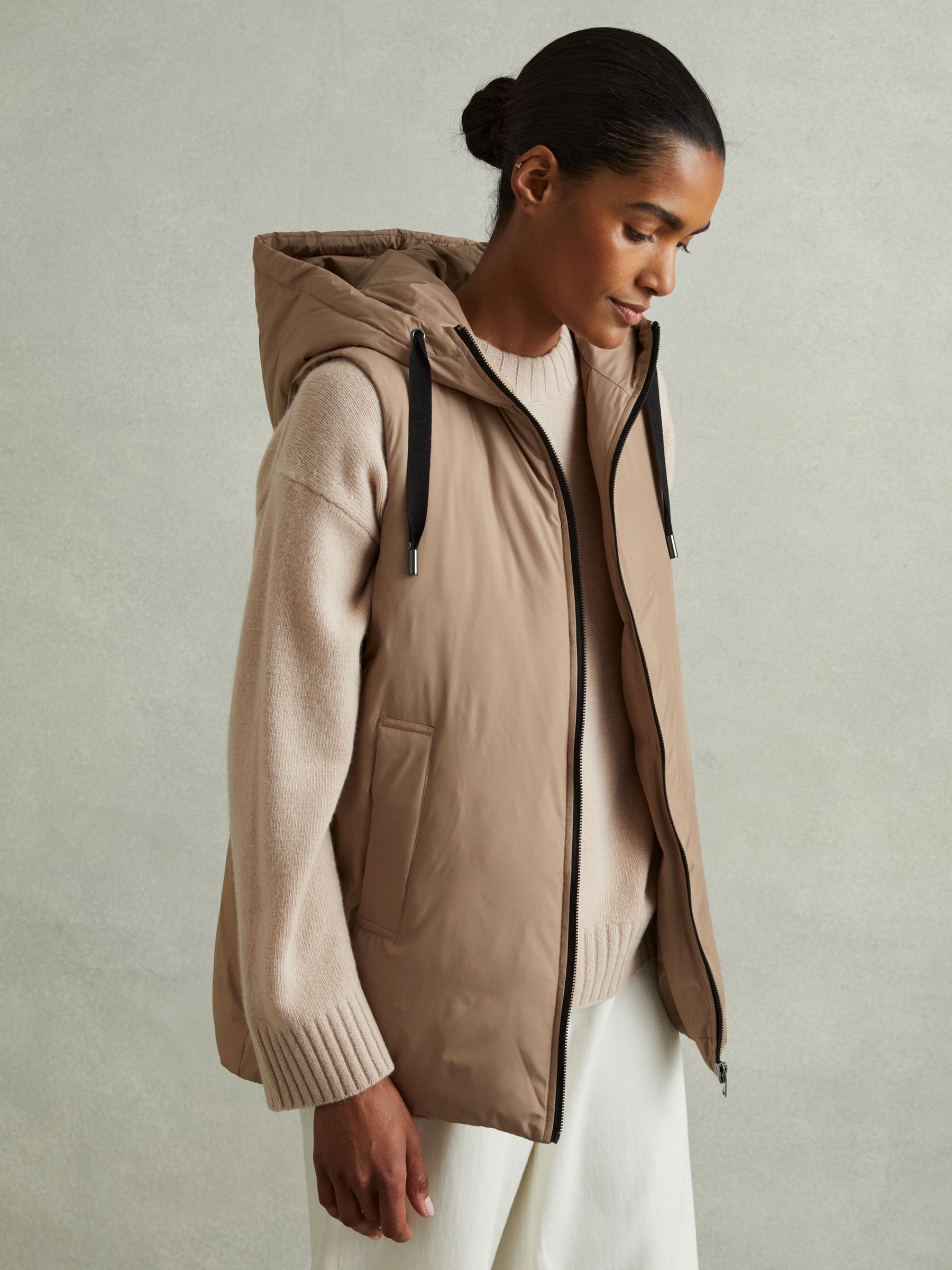 Padded Hooded Gilet in Camel - Image 1 of 6