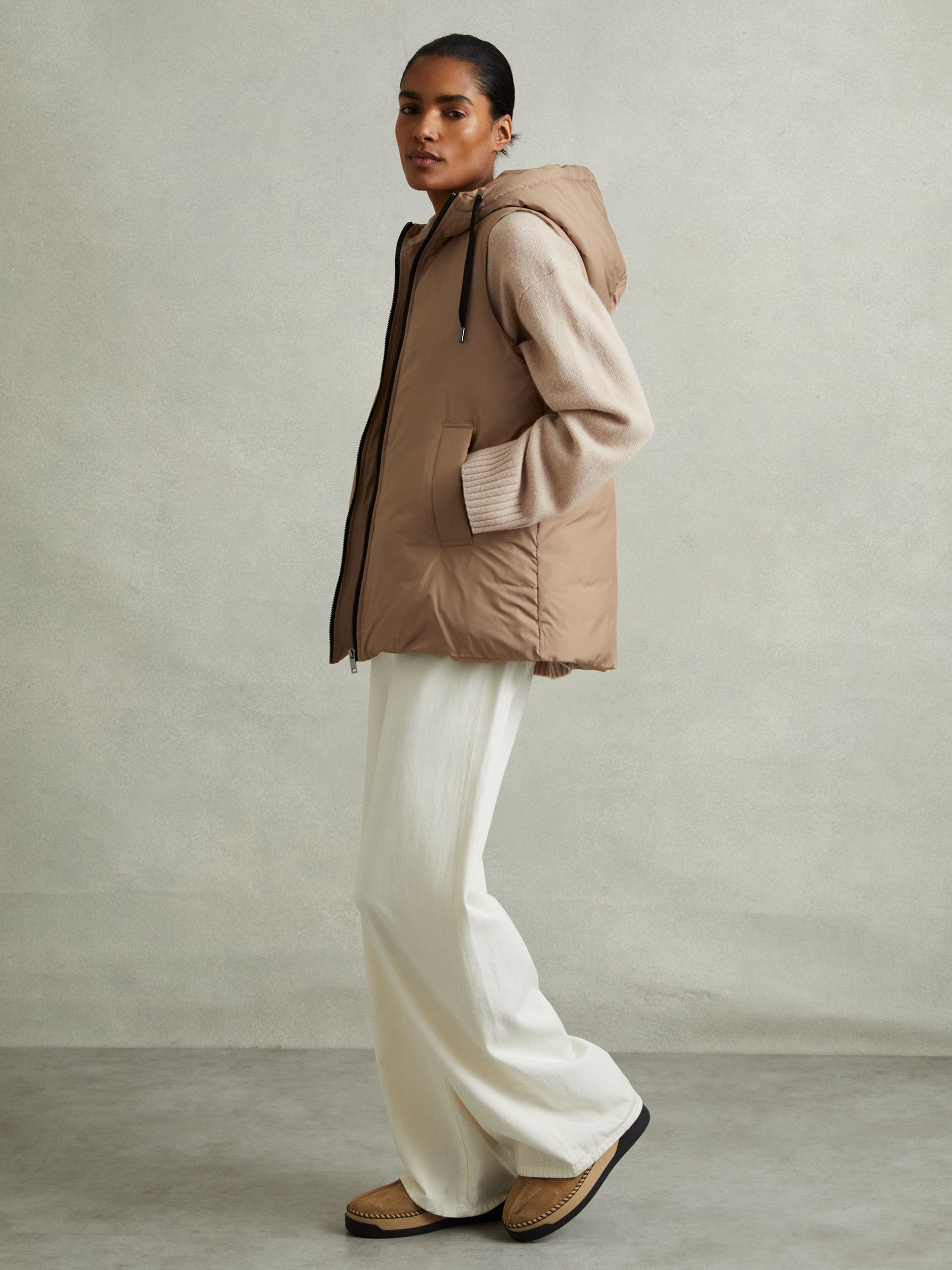 Padded Hooded Gilet in Camel - Image 3 of 6