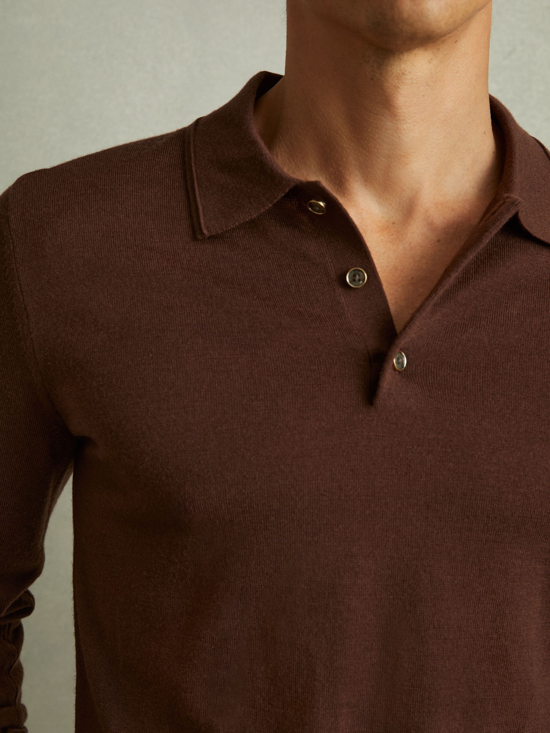 Merino Wool Polo Shirt in Treacle Brown - Image 3 of 5
