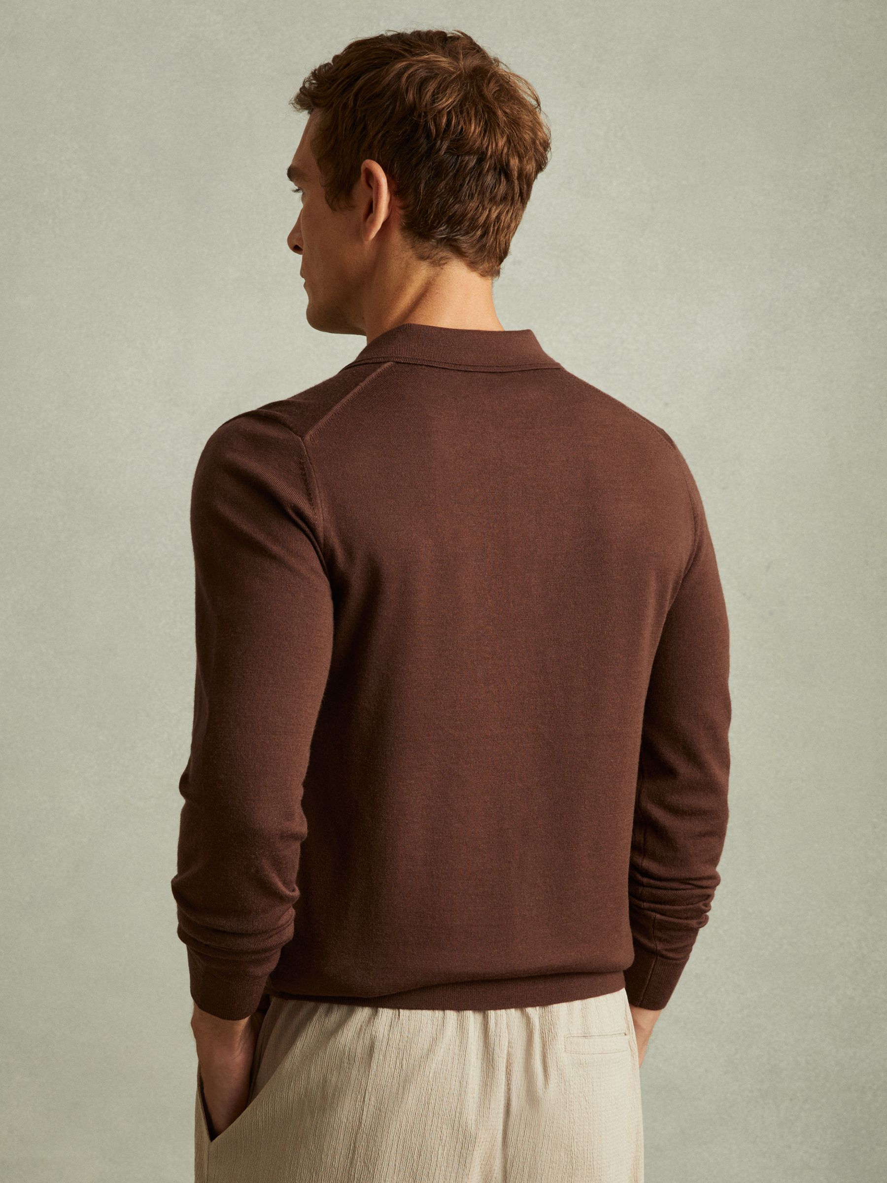 Merino Wool Polo Shirt in Treacle Brown - Image 4 of 5